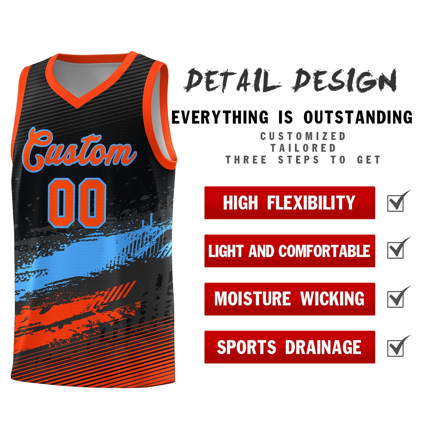 Custom Black Powder Blue and Orange Graffiti Pattern Sports Uniform Basketball Jersey