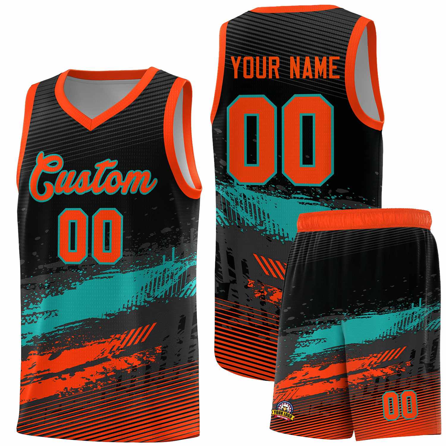 Custom Black Aqua and Orange Graffiti Pattern Sports Uniform Basketball Jersey