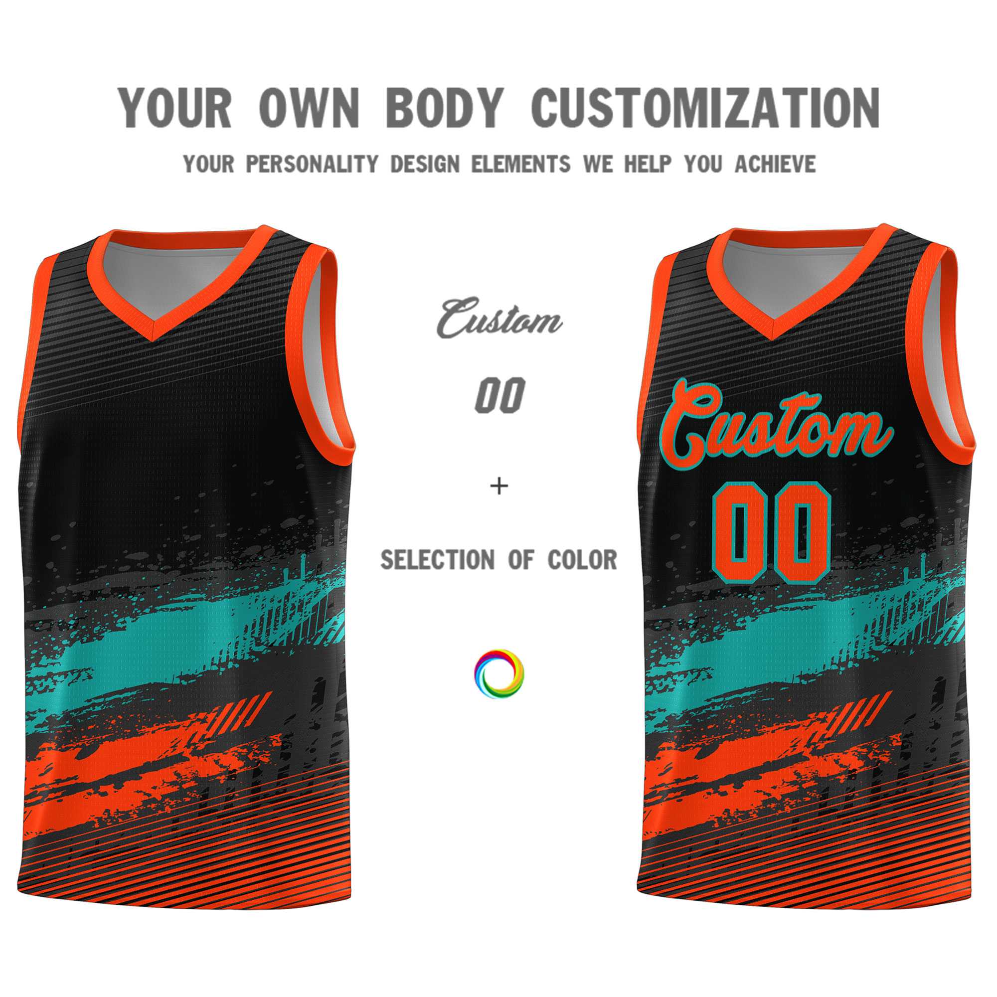 Custom Black Aqua and Orange Graffiti Pattern Sports Uniform Basketball Jersey