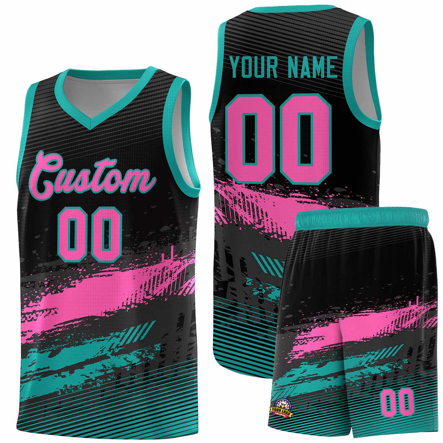 Custom Black Pink and Aqua Graffiti Pattern Sports Uniform Basketball Jersey