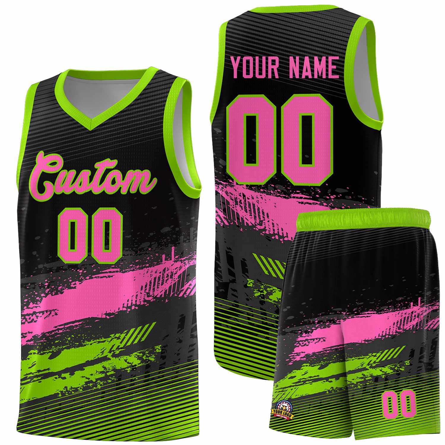 Custom Black Pink and Neon Green Graffiti Pattern Sports Uniform Basketball Jersey