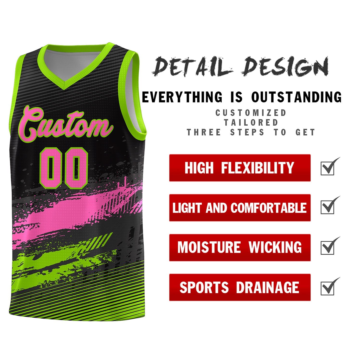 Custom Black Pink and Neon Green Graffiti Pattern Sports Uniform Basketball Jersey