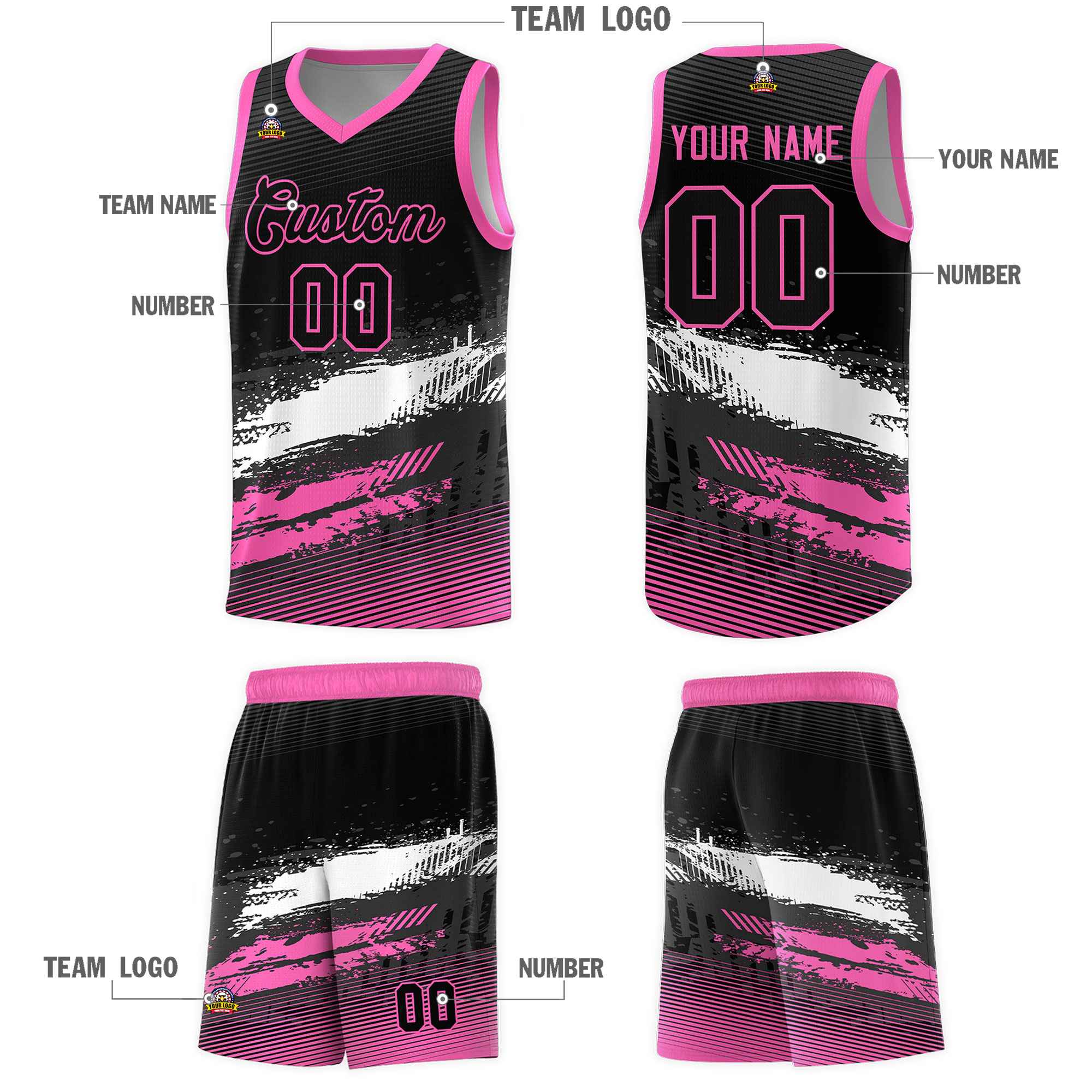 Custom Black White and Pink Graffiti Pattern Sports Uniform Basketball Jersey