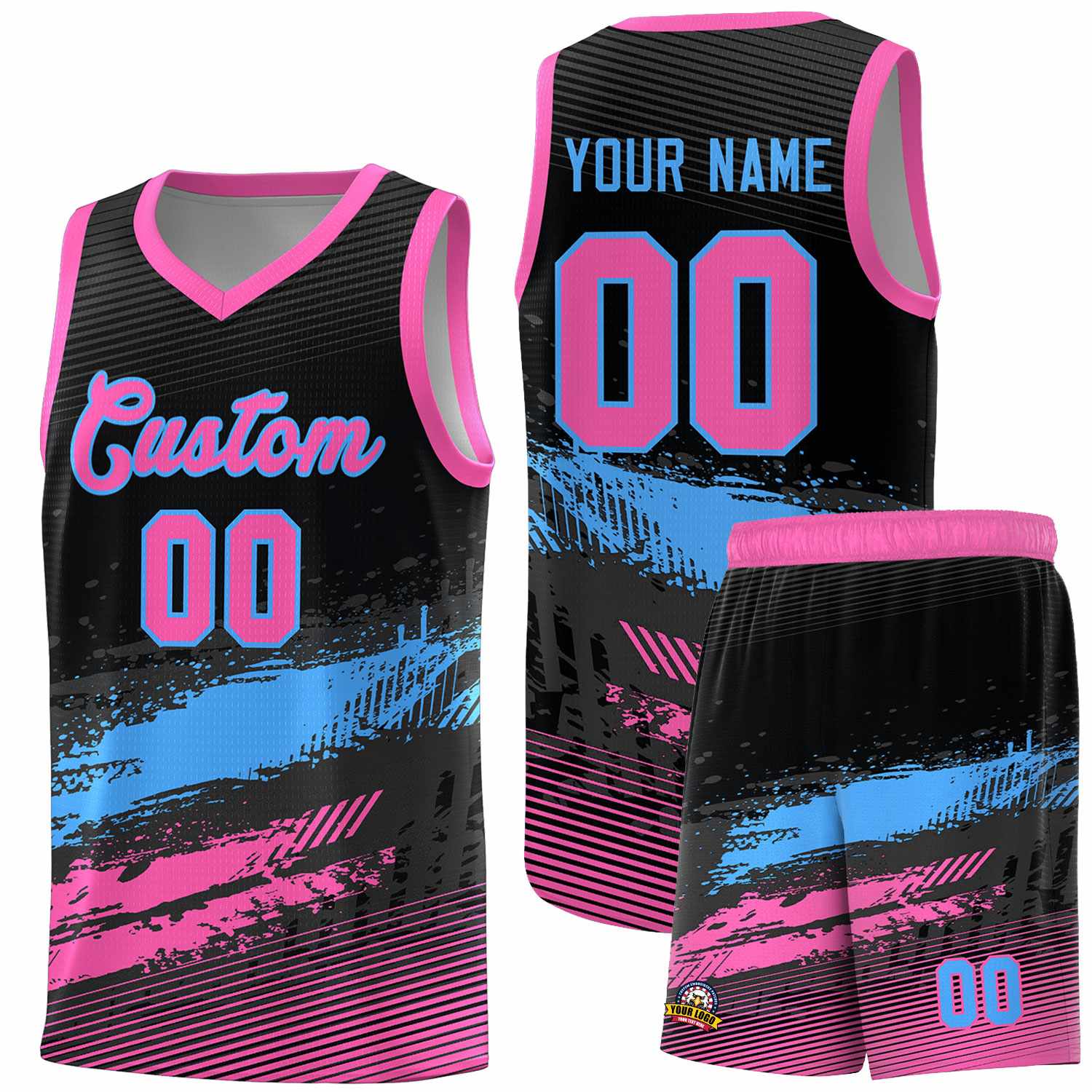 Custom Black Powder Blue and Pink Graffiti Pattern Sports Uniform Basketball Jersey