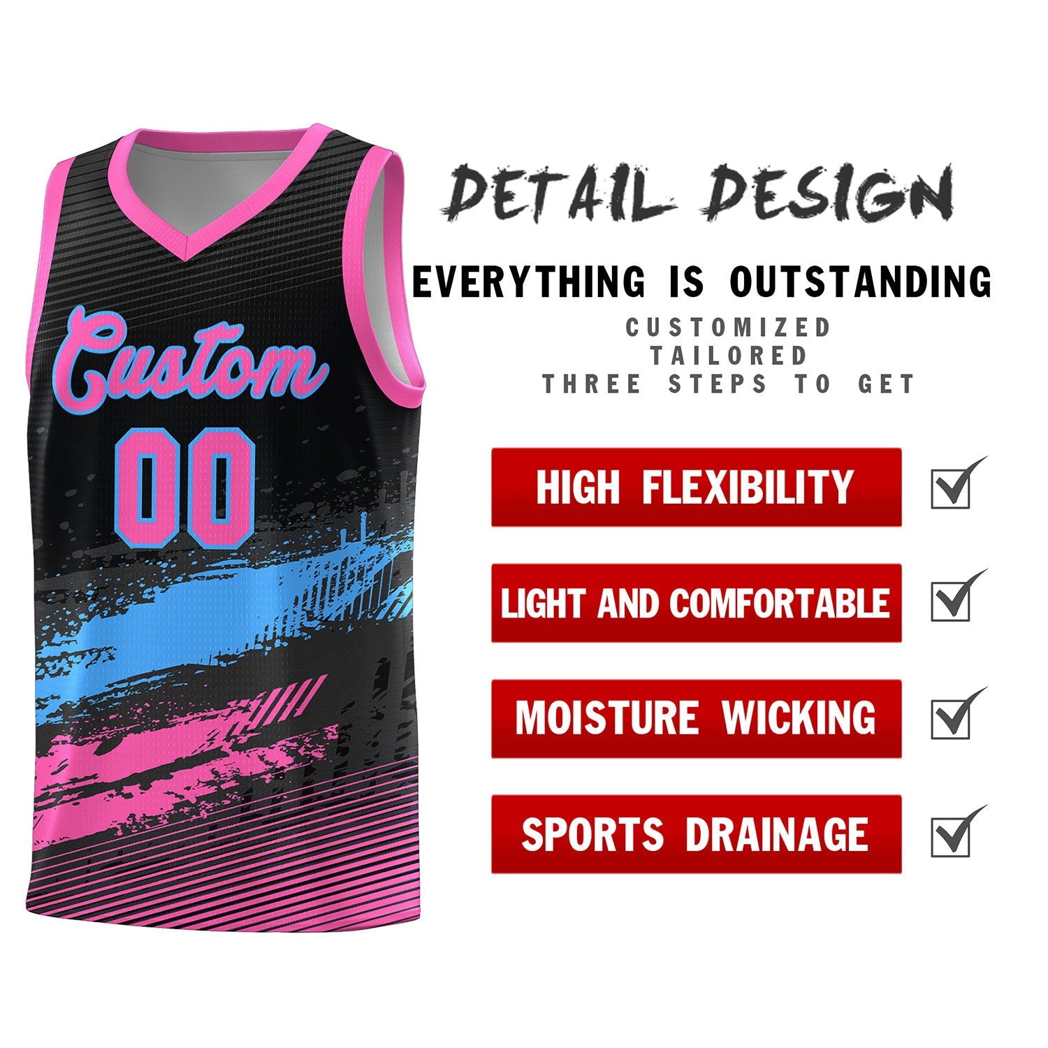 Custom Black Powder Blue and Pink Graffiti Pattern Sports Uniform Basketball Jersey