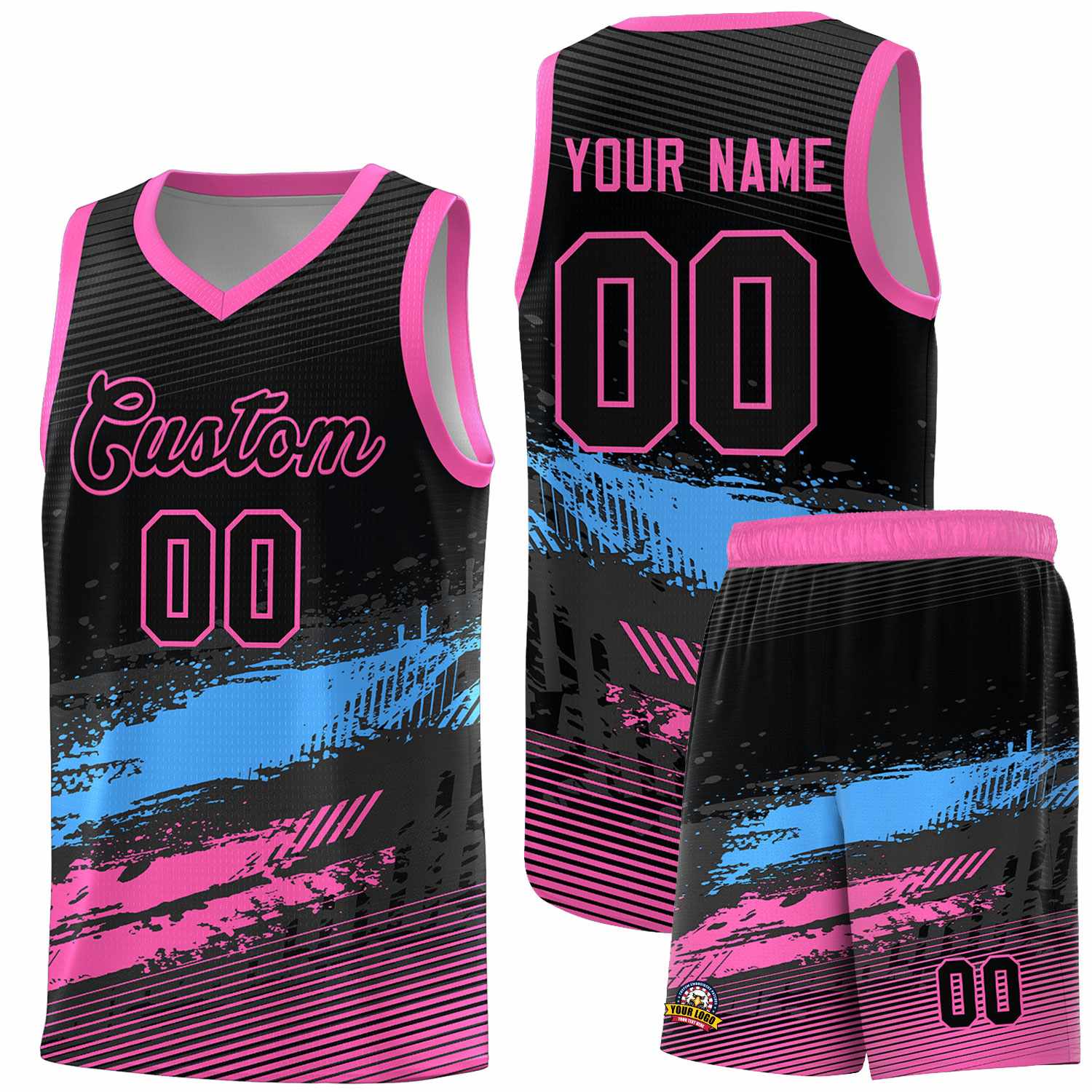 Custom Black Powder Blue and Pink Graffiti Pattern Sports Uniform Basketball Jersey