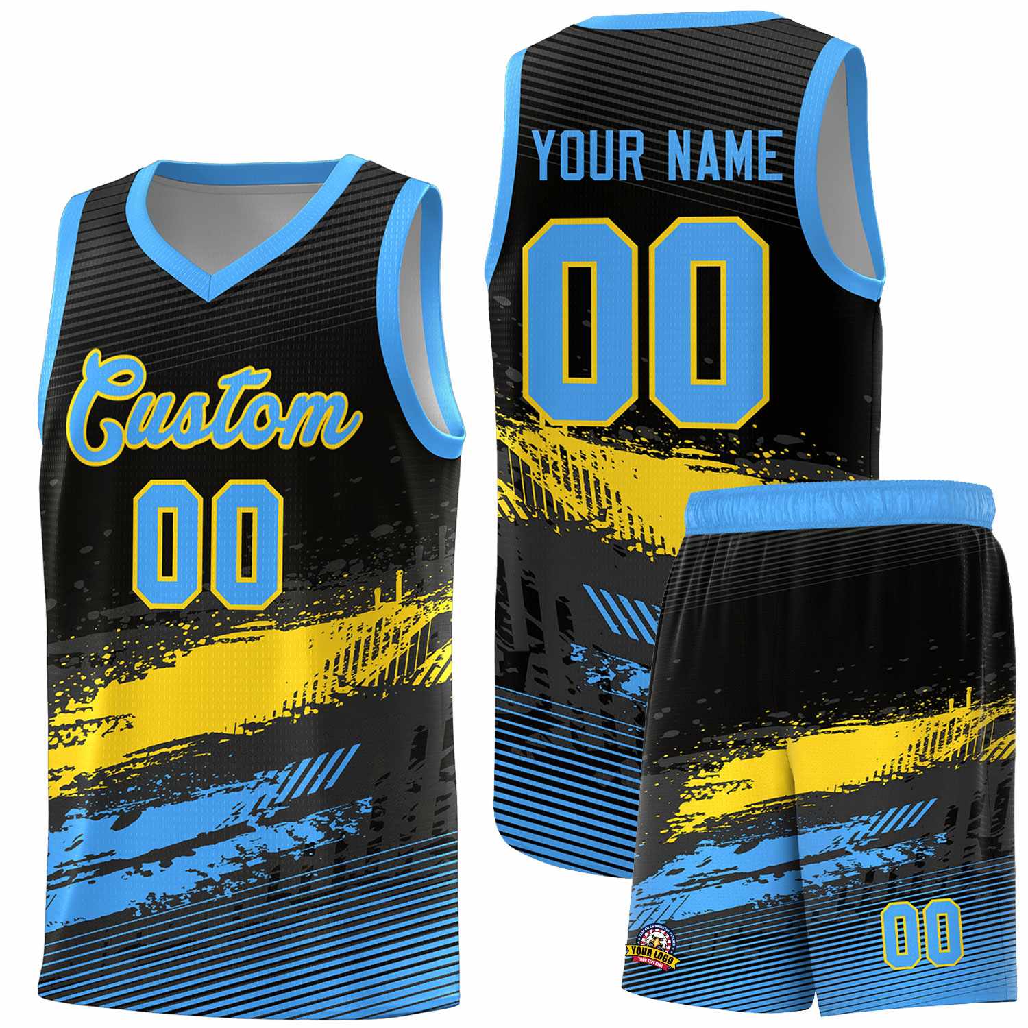 Custom Black Gold and Powder Blue Graffiti Pattern Sports Uniform Basketball Jersey