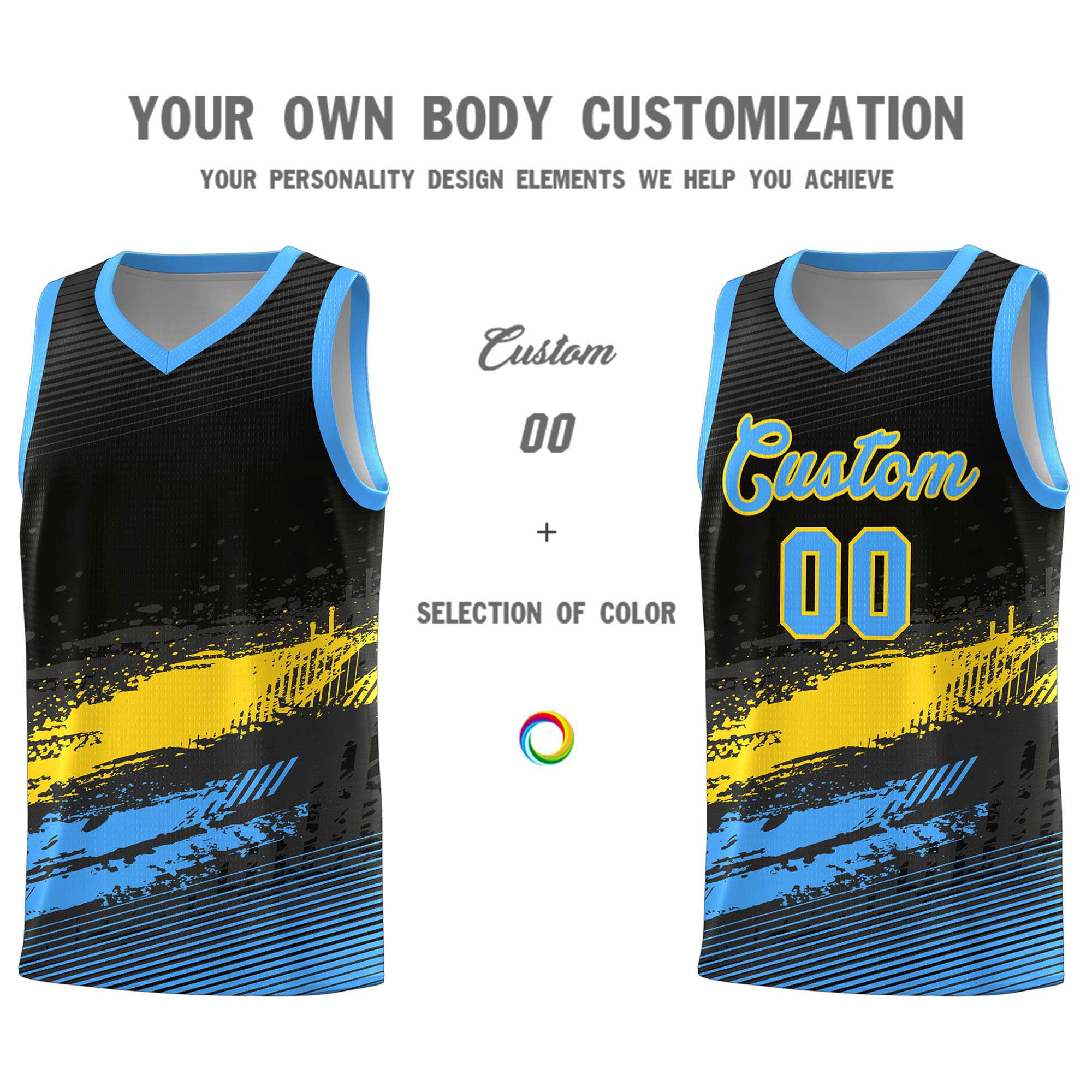 Custom Black Gold and Powder Blue Graffiti Pattern Sports Uniform Basketball Jersey