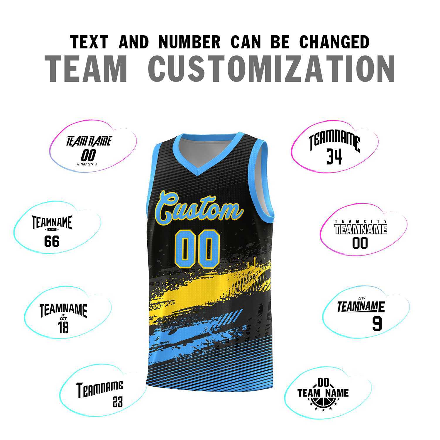 Custom Black Gold and Powder Blue Graffiti Pattern Sports Uniform Basketball Jersey