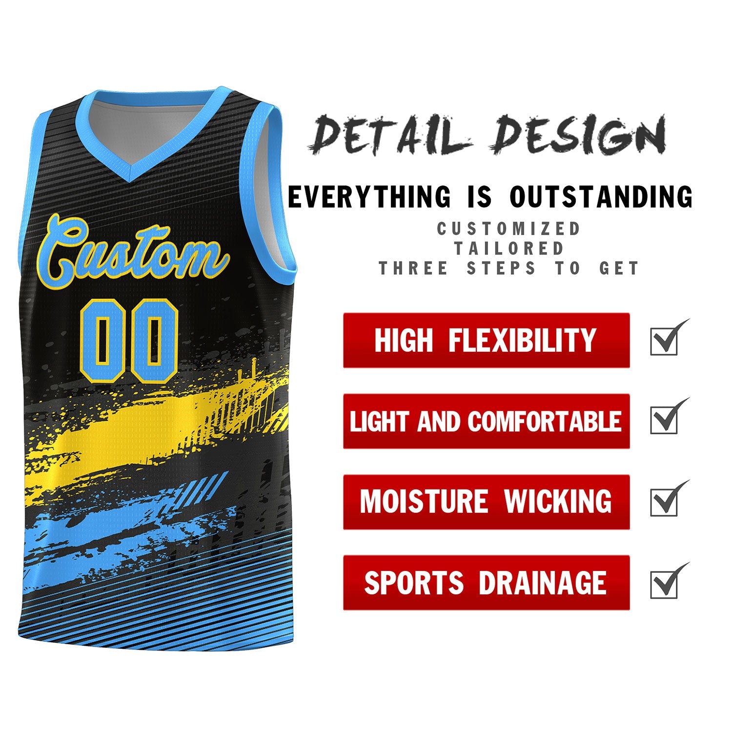 Custom Black Gold and Powder Blue Graffiti Pattern Sports Uniform Basketball Jersey