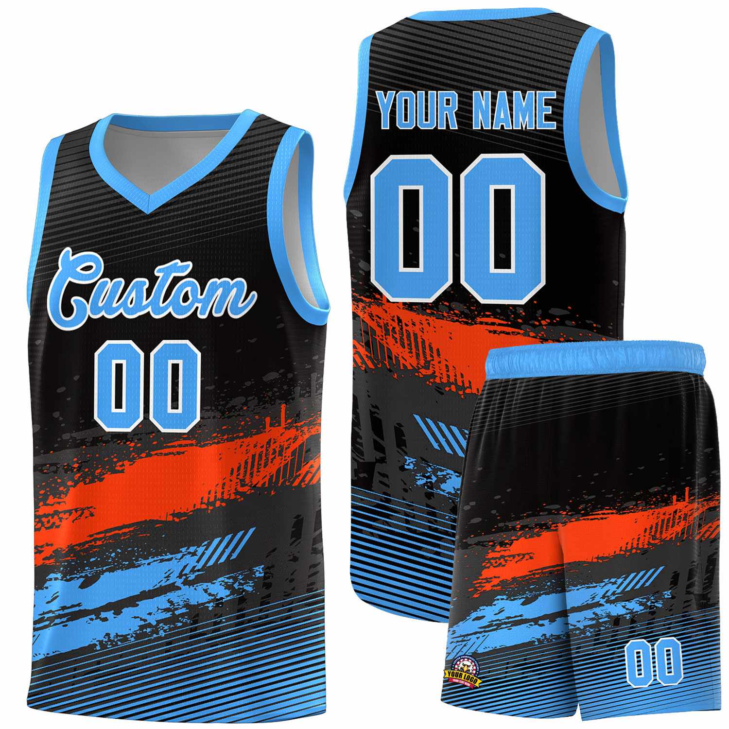 Custom Black Orange and Powder Blue Graffiti Pattern Sports Uniform Basketball Jersey