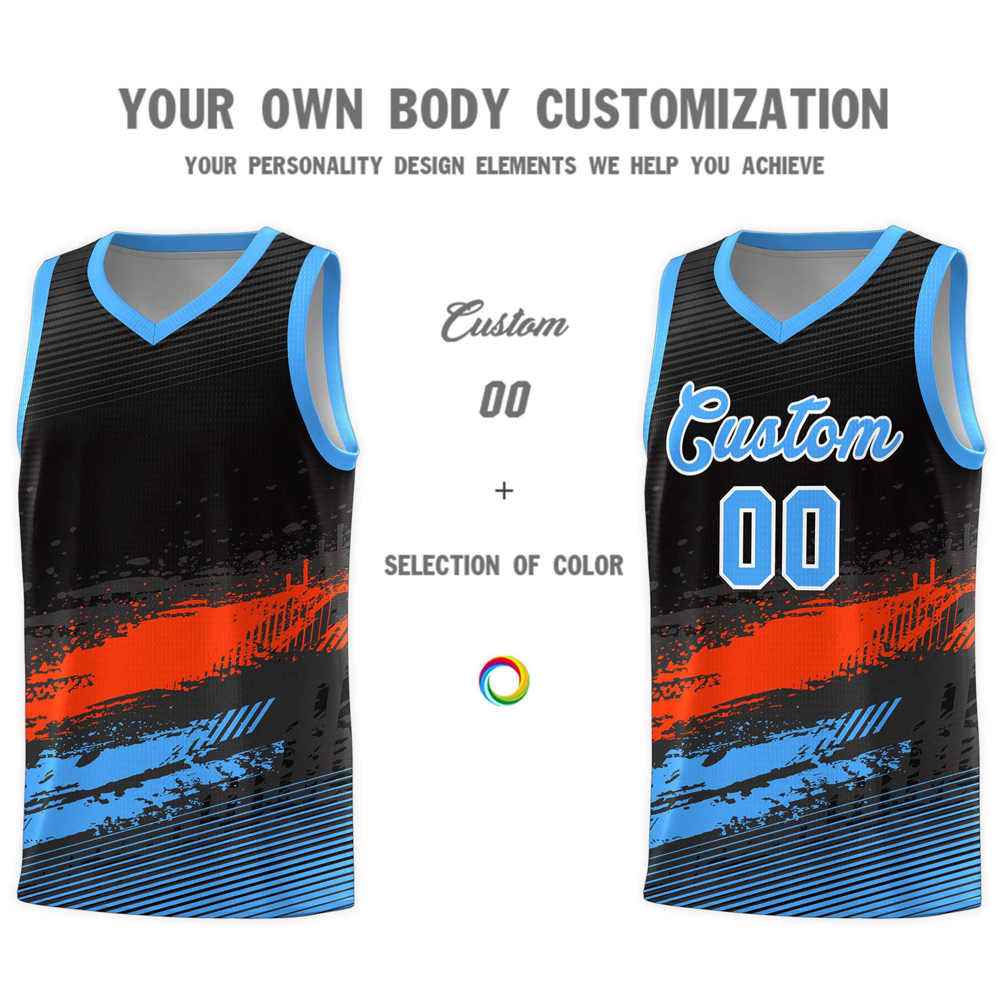 Custom Black Orange and Powder Blue Graffiti Pattern Sports Uniform Basketball Jersey