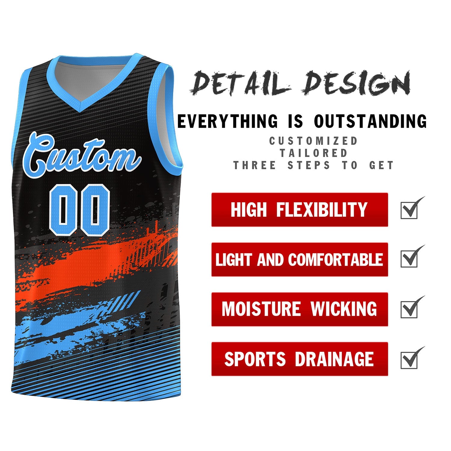 Custom Black Orange and Powder Blue Graffiti Pattern Sports Uniform Basketball Jersey