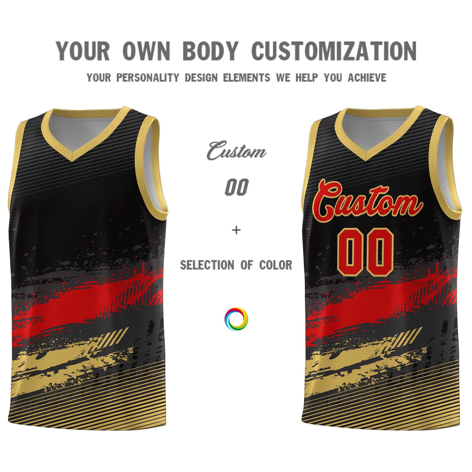 Custom Black Red and Khaki Graffiti Pattern Sports Uniform Basketball Jersey