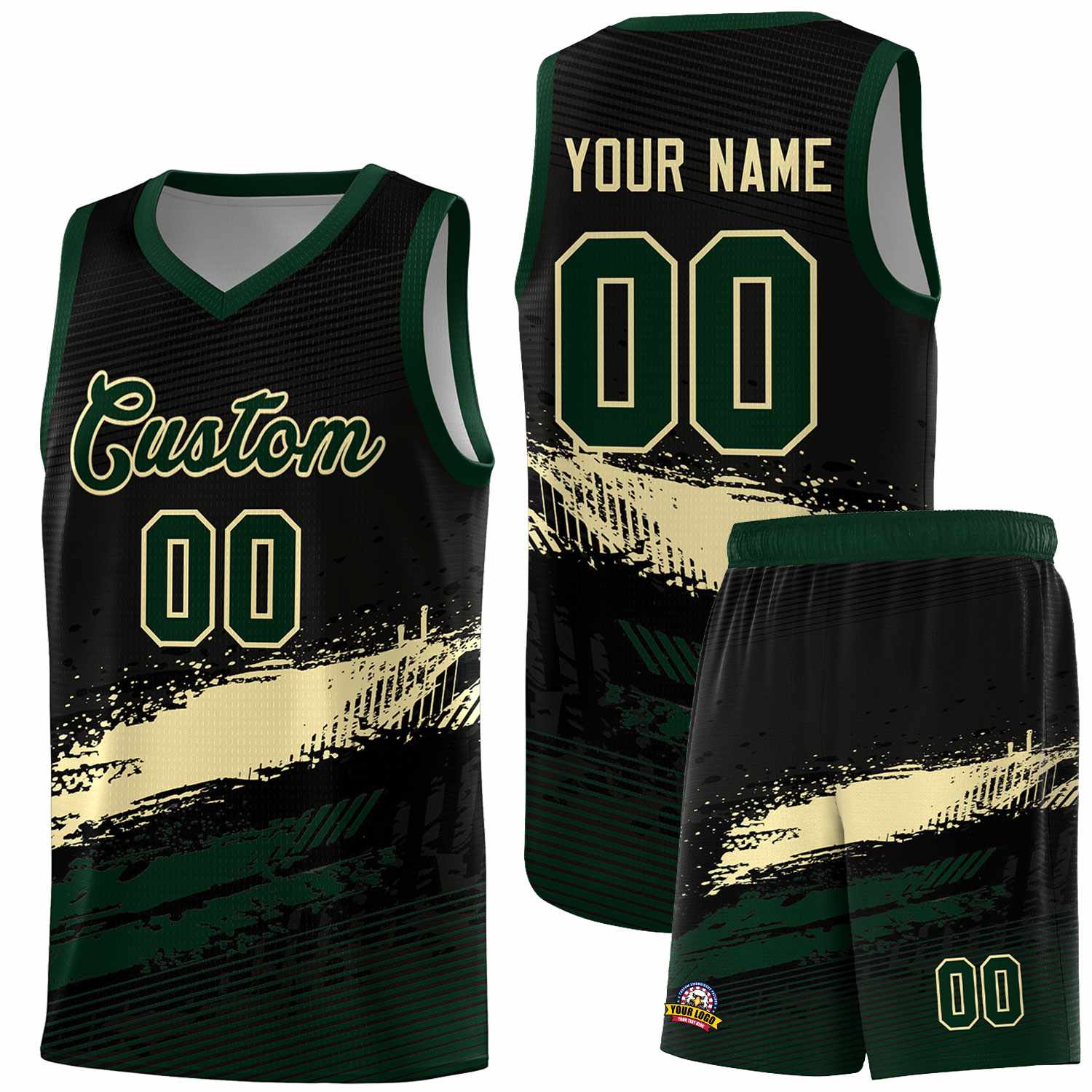 Custom Black Cream and Hunter Green Graffiti Pattern Sports Uniform Basketball Jersey