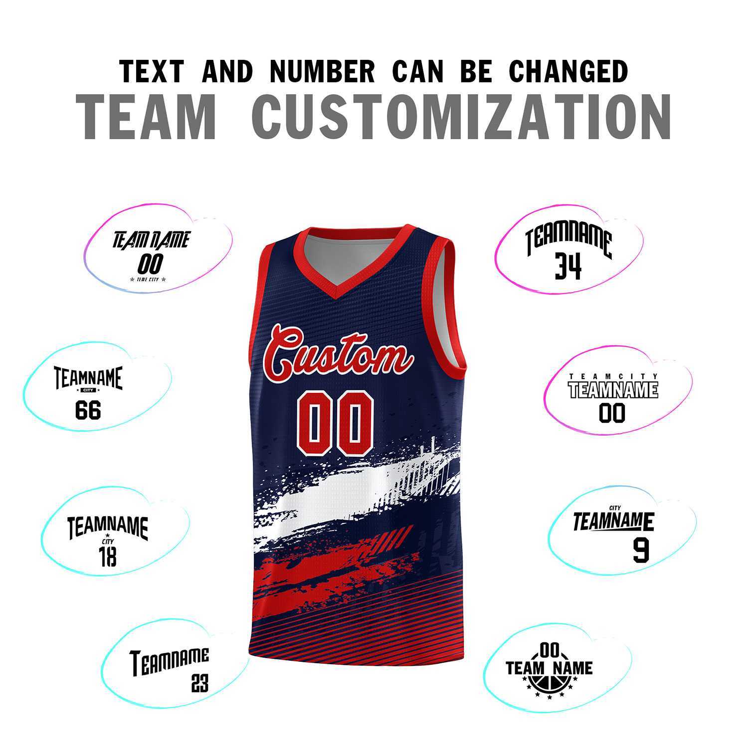 Custom Navy White and Red Graffiti Pattern Sports Uniform Basketball Jersey