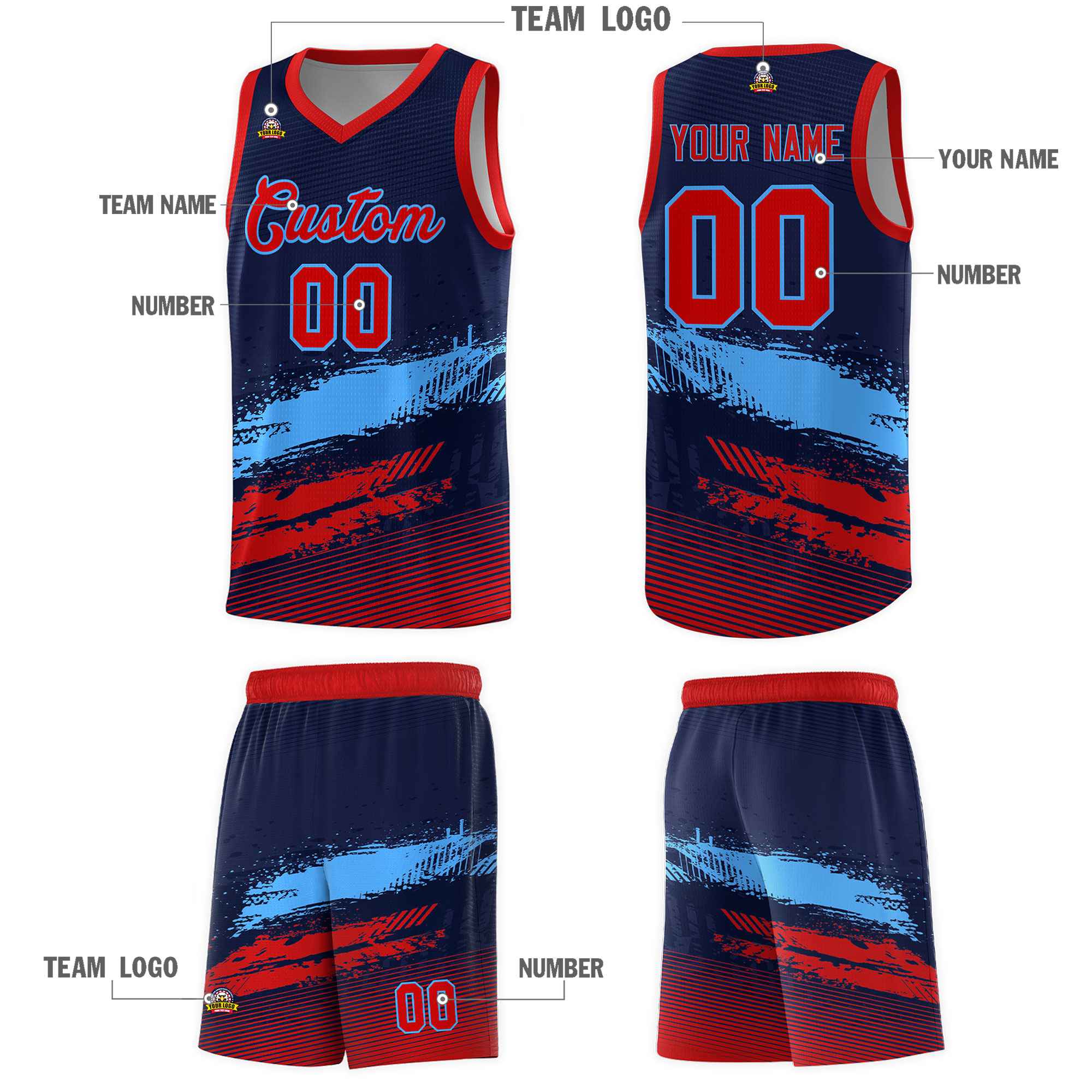 Custom Navy Powder Blue and Red Graffiti Pattern Sports Uniform Basketball Jersey