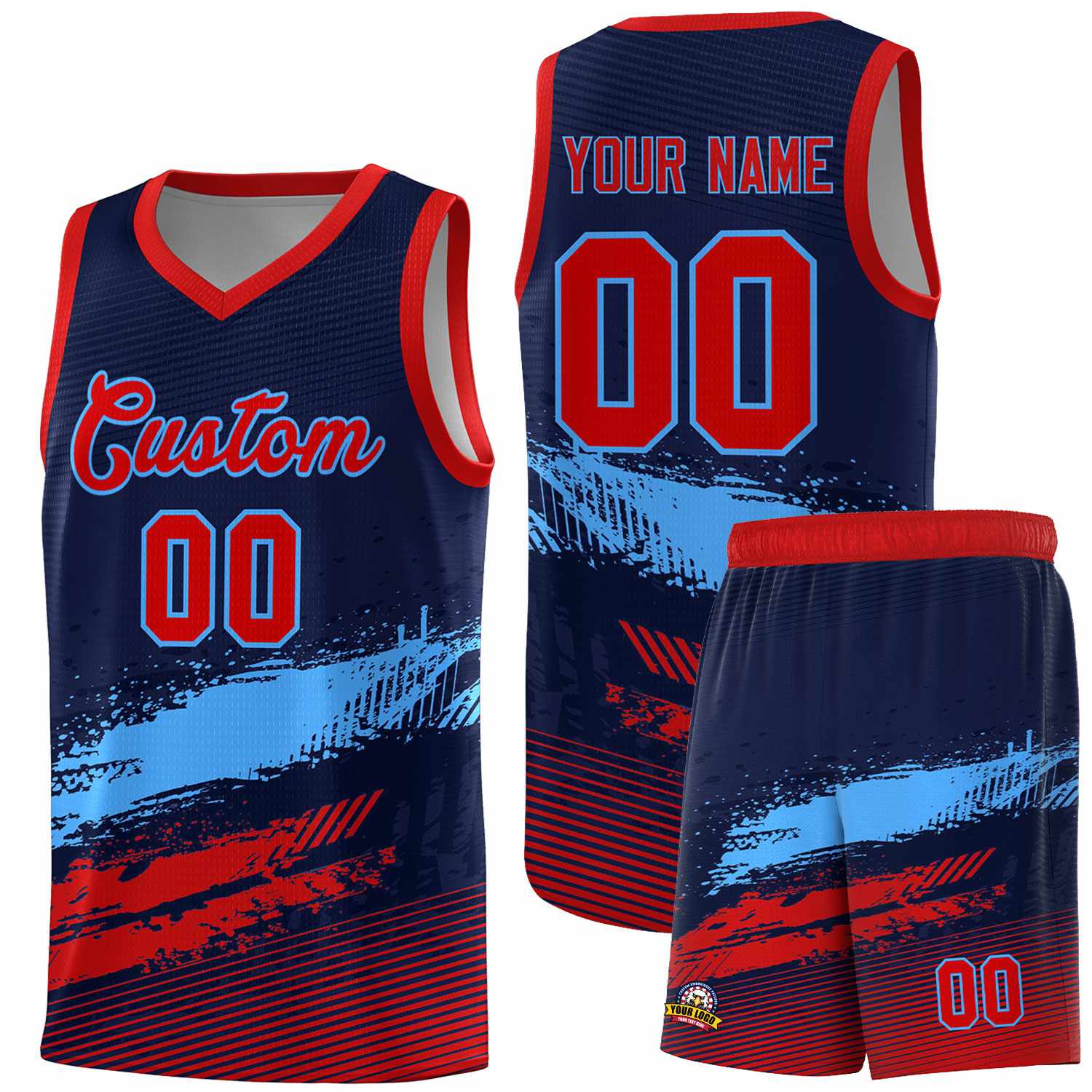 Custom Navy Powder Blue and Red Graffiti Pattern Sports Uniform Basketball Jersey