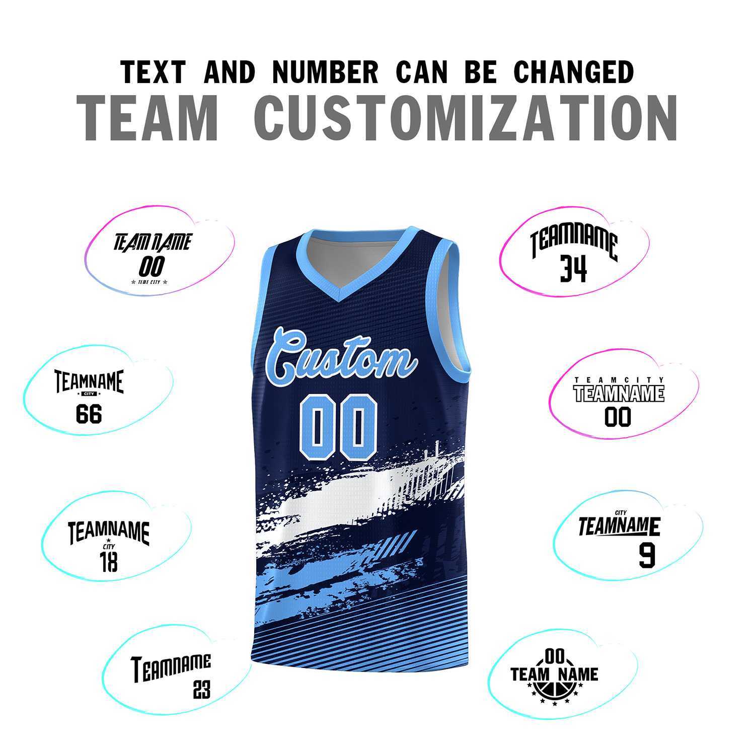 Custom Navy White and Powder Blue Graffiti Pattern Sports Uniform Basketball Jersey