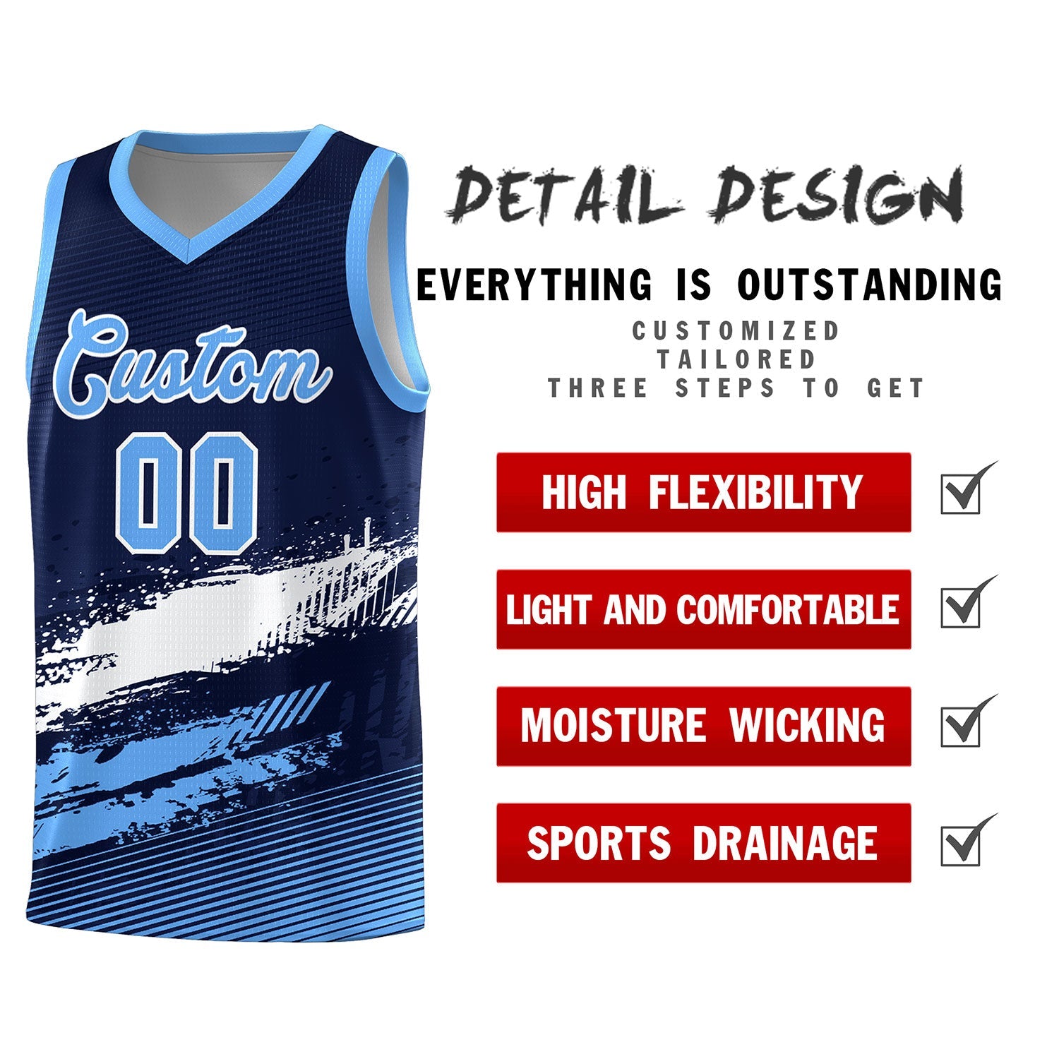 Custom Navy White and Powder Blue Graffiti Pattern Sports Uniform Basketball Jersey