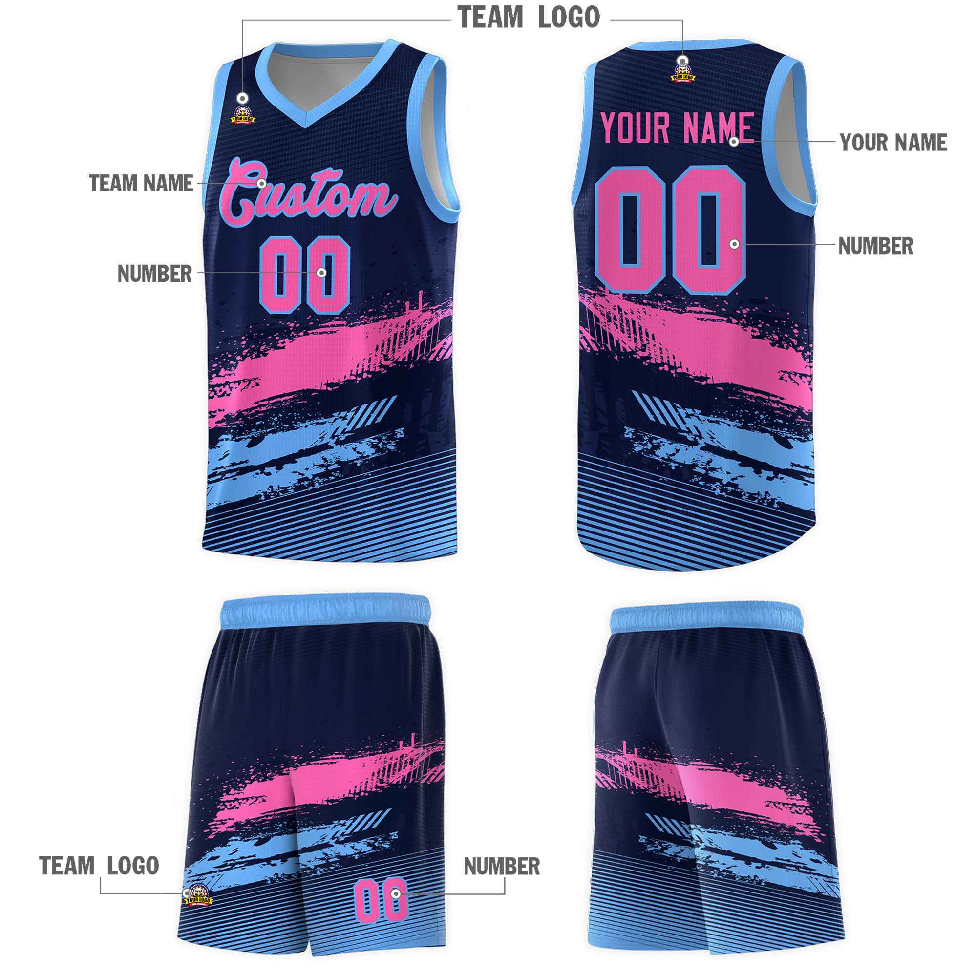 Custom Navy Pink and Powder Blue Graffiti Pattern Sports Uniform Basketball Jersey