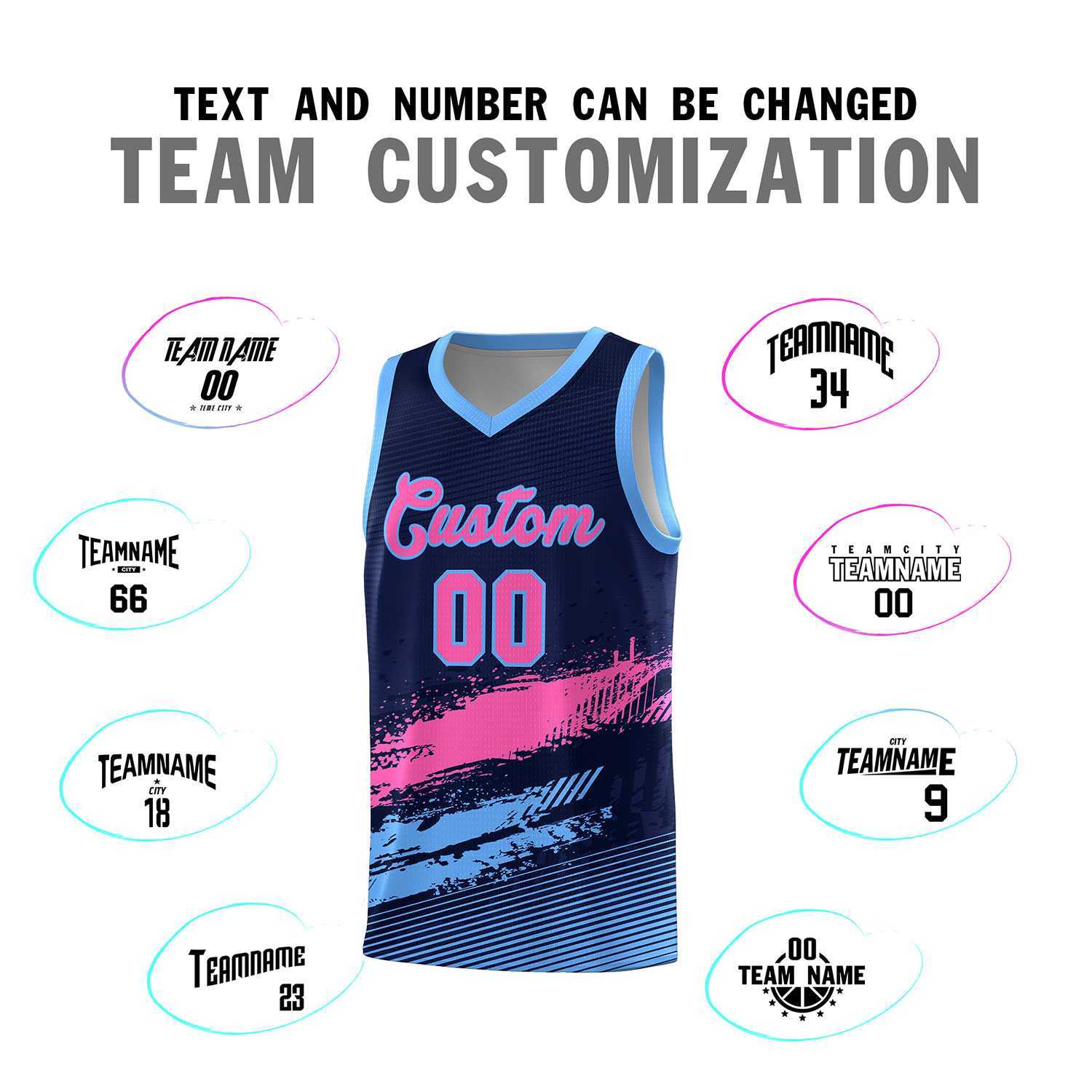 Custom Navy Pink and Powder Blue Graffiti Pattern Sports Uniform Basketball Jersey