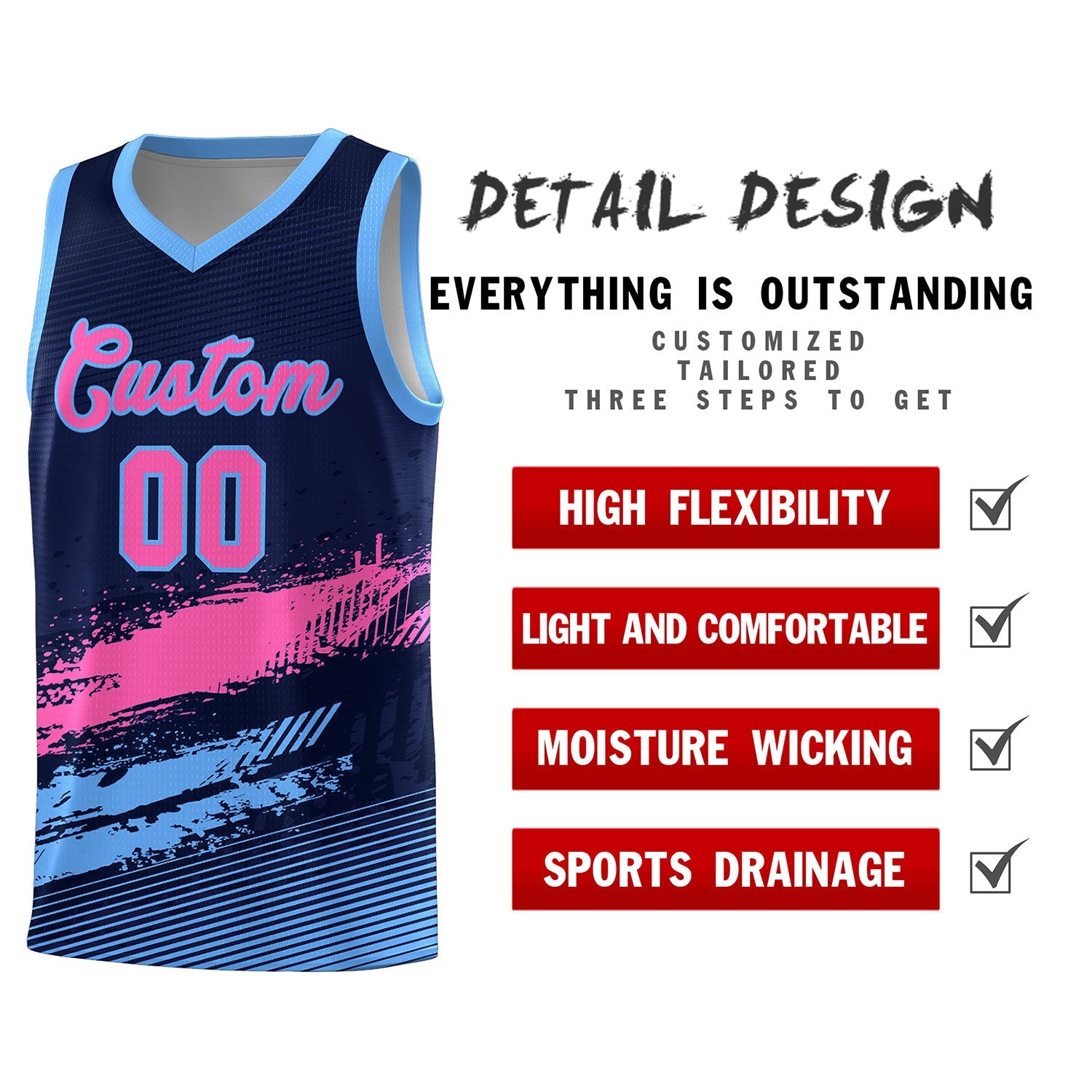 Custom Navy Pink and Powder Blue Graffiti Pattern Sports Uniform Basketball Jersey