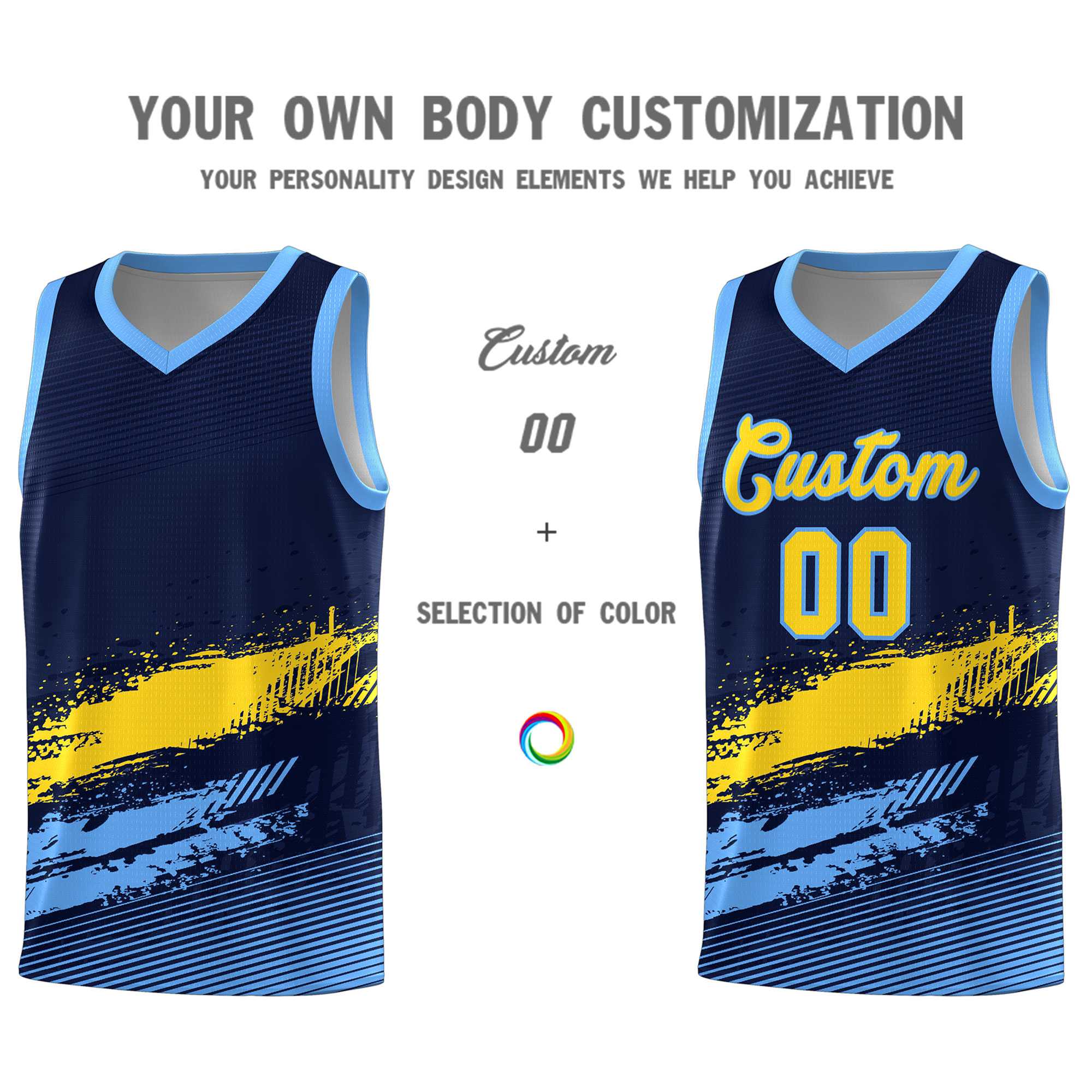 Custom Navy Gold and Powder Blue Graffiti Pattern Sports Uniform Basketball Jersey