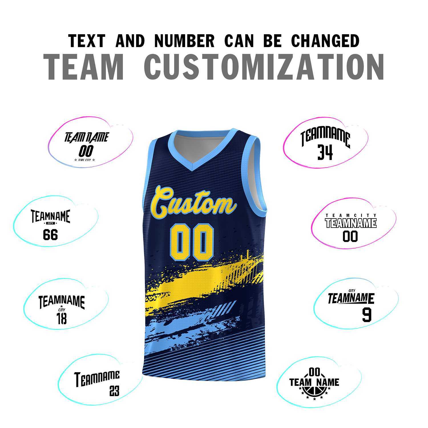 Custom Navy Gold and Powder Blue Graffiti Pattern Sports Uniform Basketball Jersey