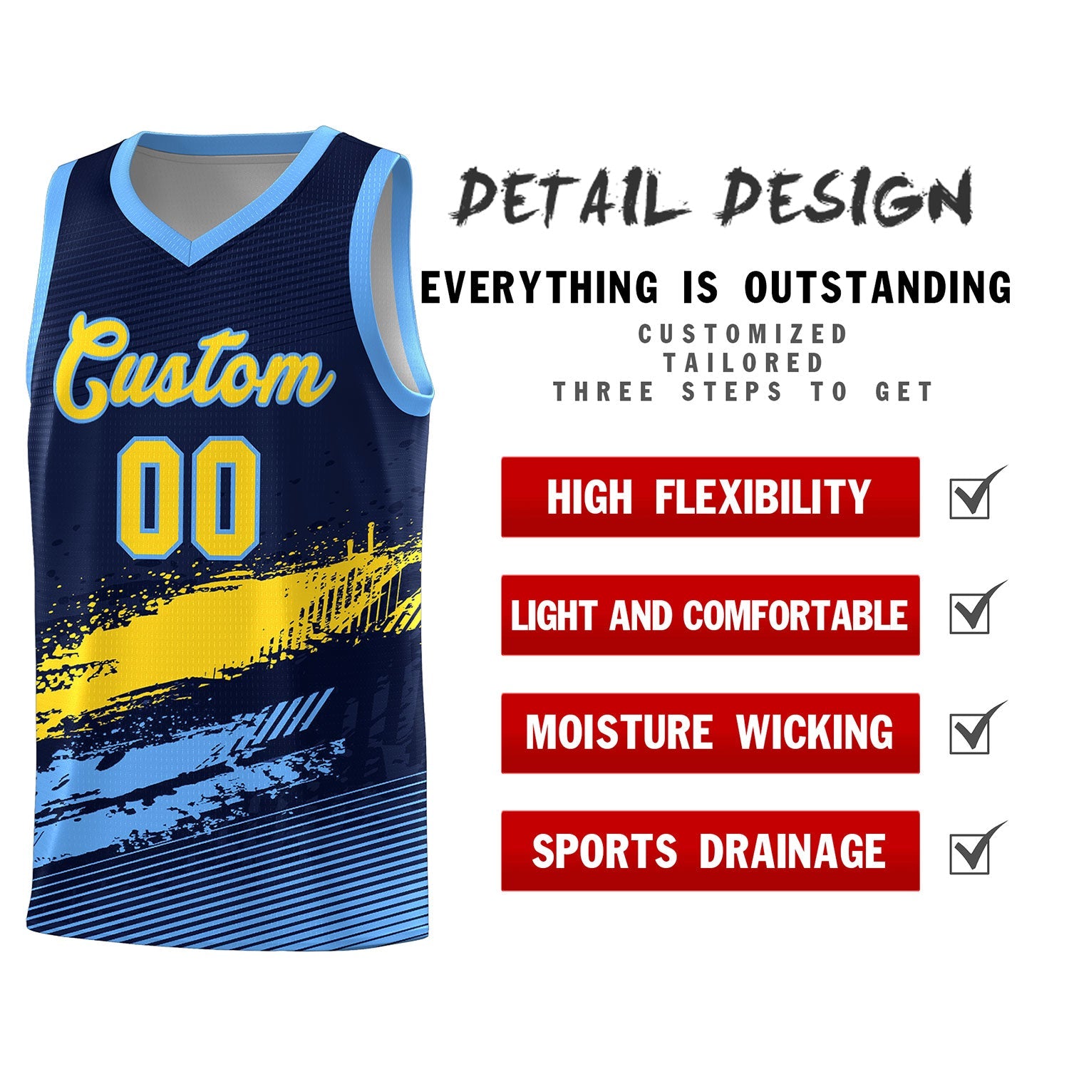 Custom Navy Gold and Powder Blue Graffiti Pattern Sports Uniform Basketball Jersey