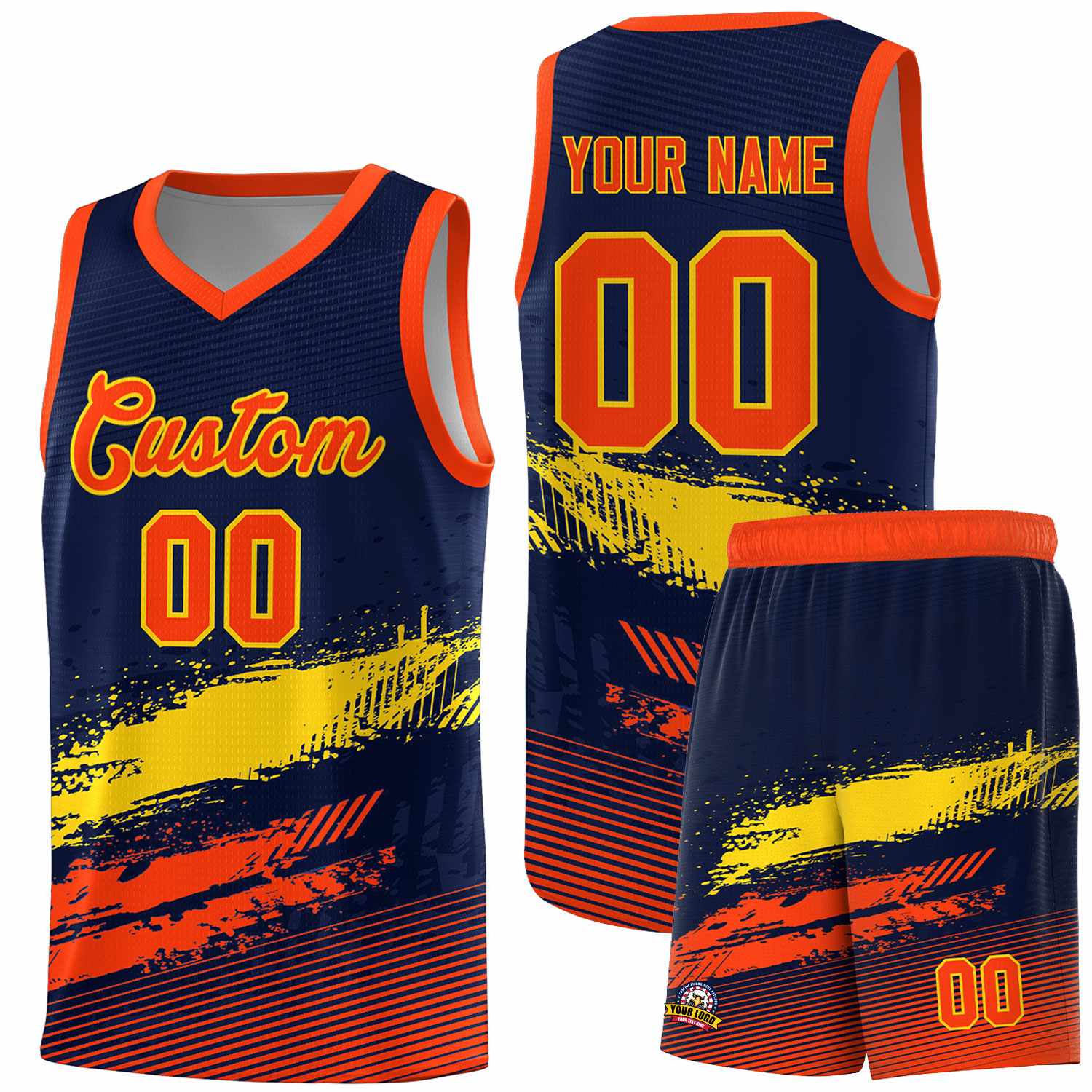 Custom Navy Gold and Orange Graffiti Pattern Sports Uniform Basketball Jersey