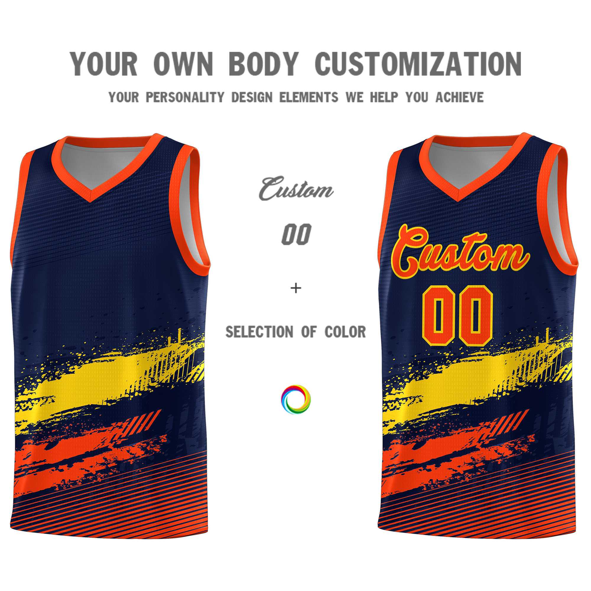 Custom Navy Gold and Orange Graffiti Pattern Sports Uniform Basketball Jersey