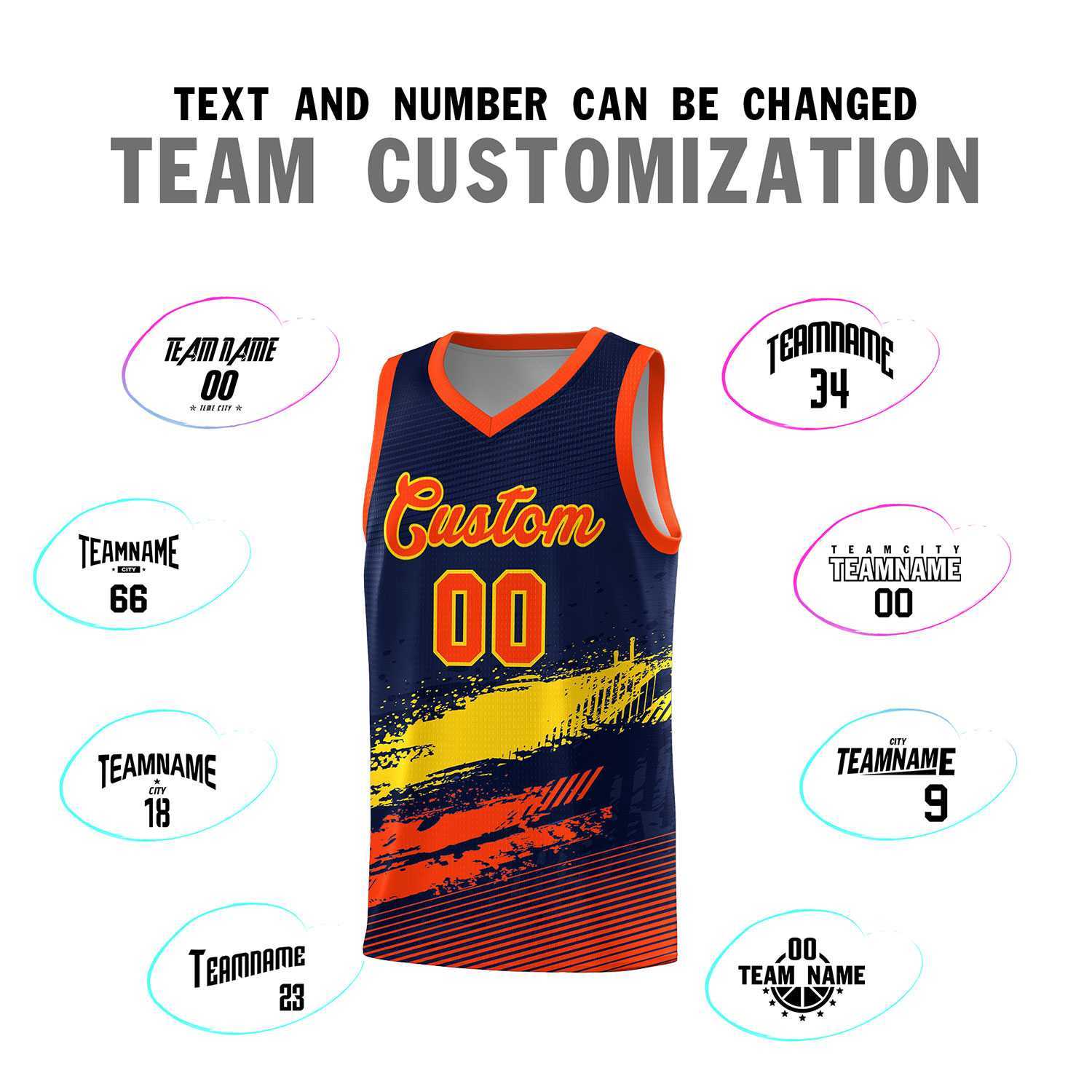 Custom Navy Gold and Orange Graffiti Pattern Sports Uniform Basketball Jersey