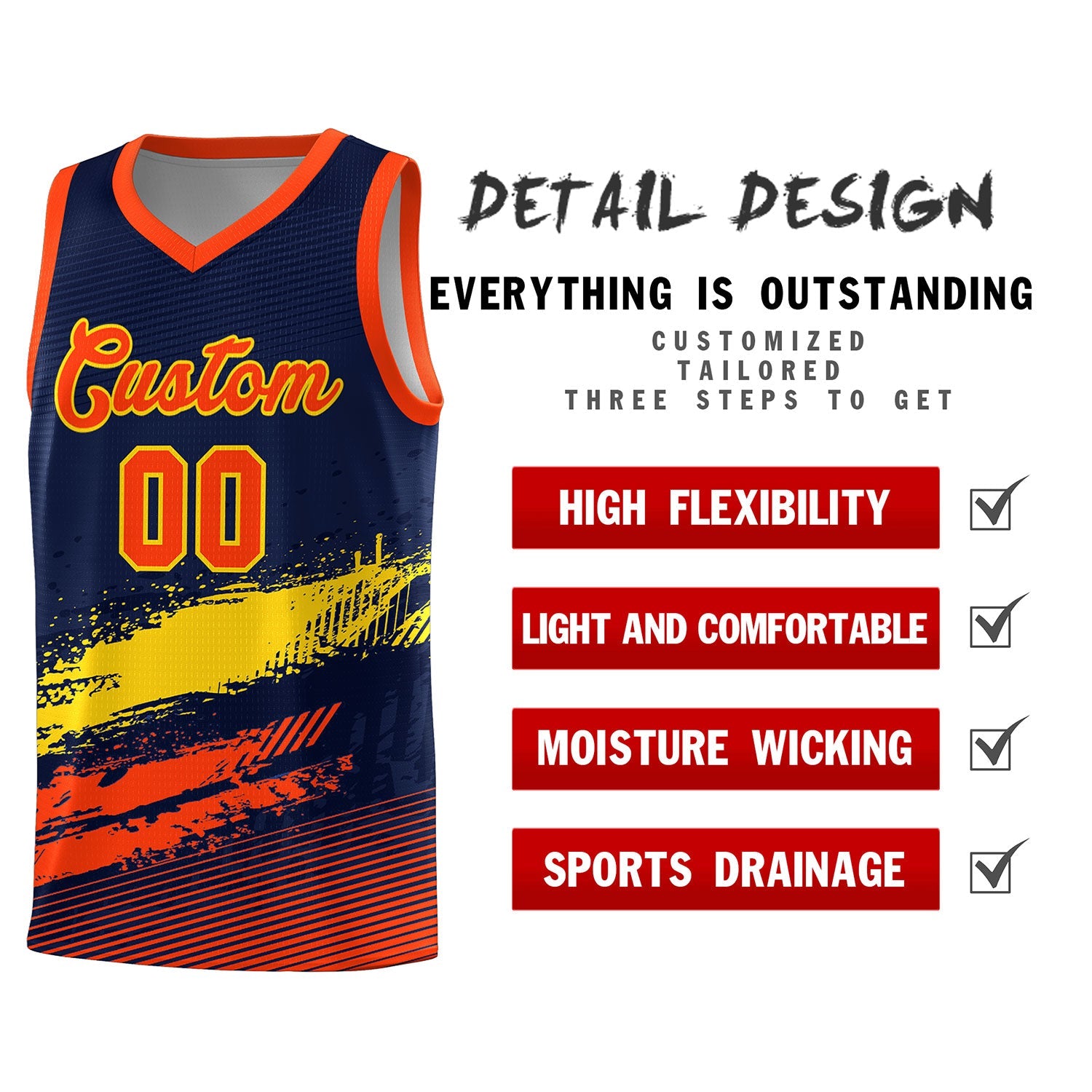 Custom Navy Gold and Orange Graffiti Pattern Sports Uniform Basketball Jersey