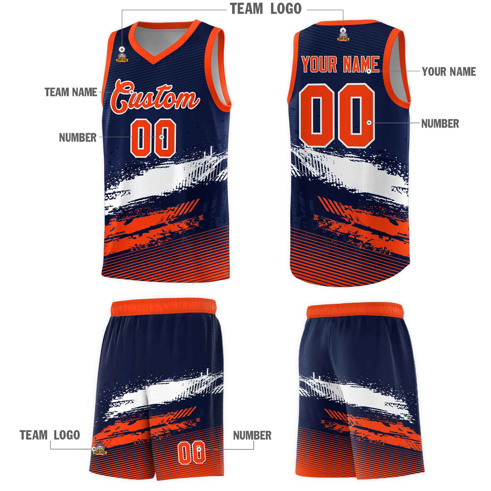 Custom Navy White and Orange Graffiti Pattern Sports Uniform Basketball Jersey