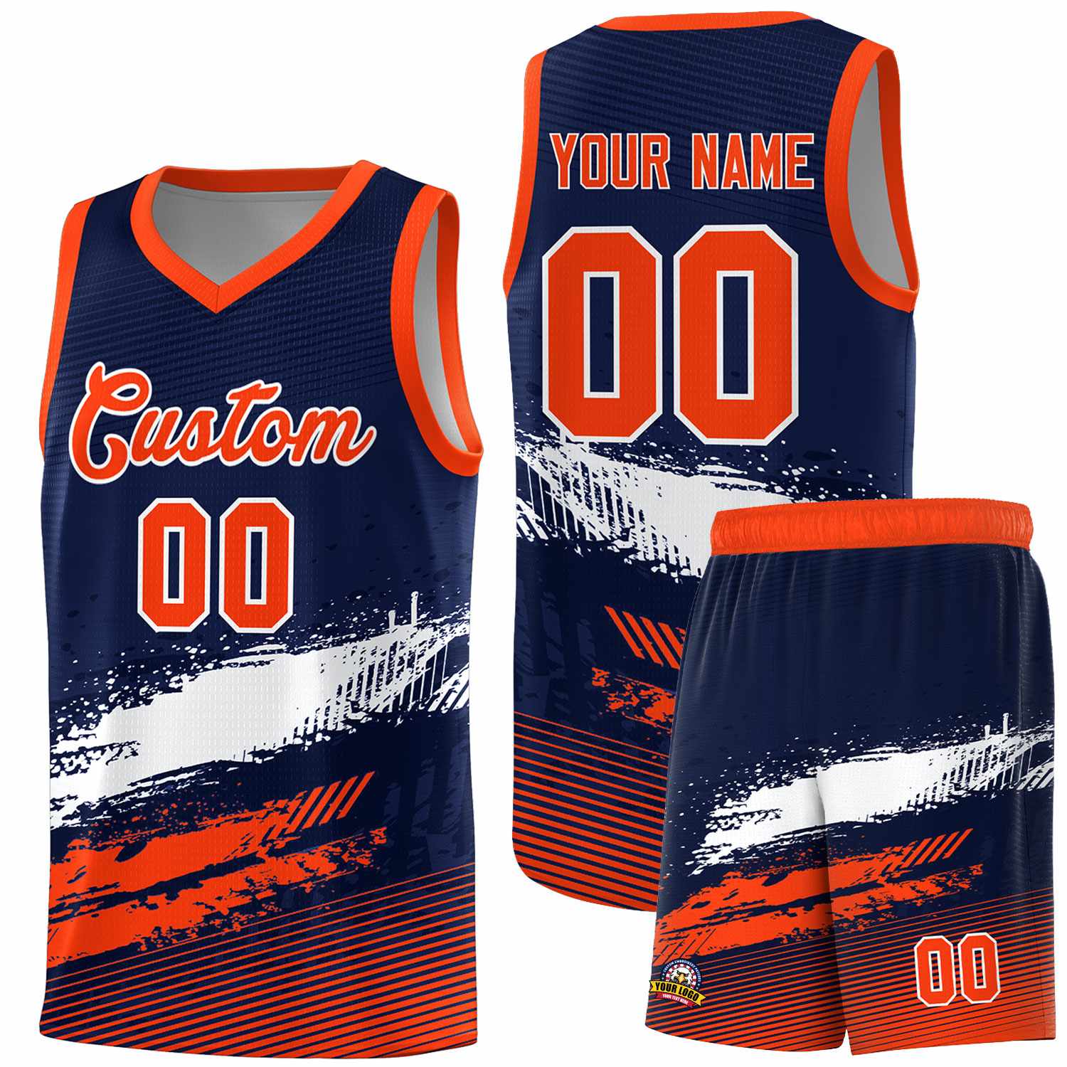 Custom Navy White and Orange Graffiti Pattern Sports Uniform Basketball Jersey