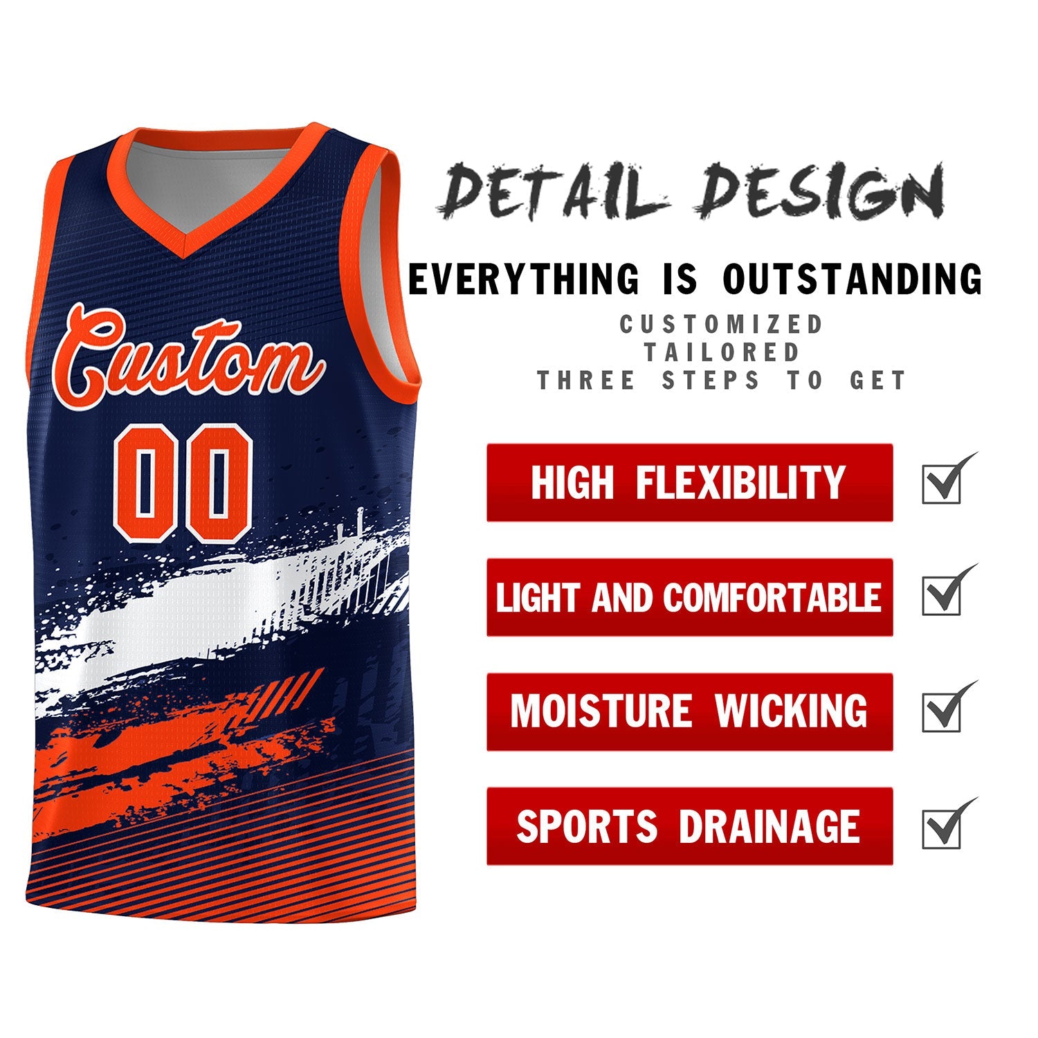 Custom Navy White and Orange Graffiti Pattern Sports Uniform Basketball Jersey