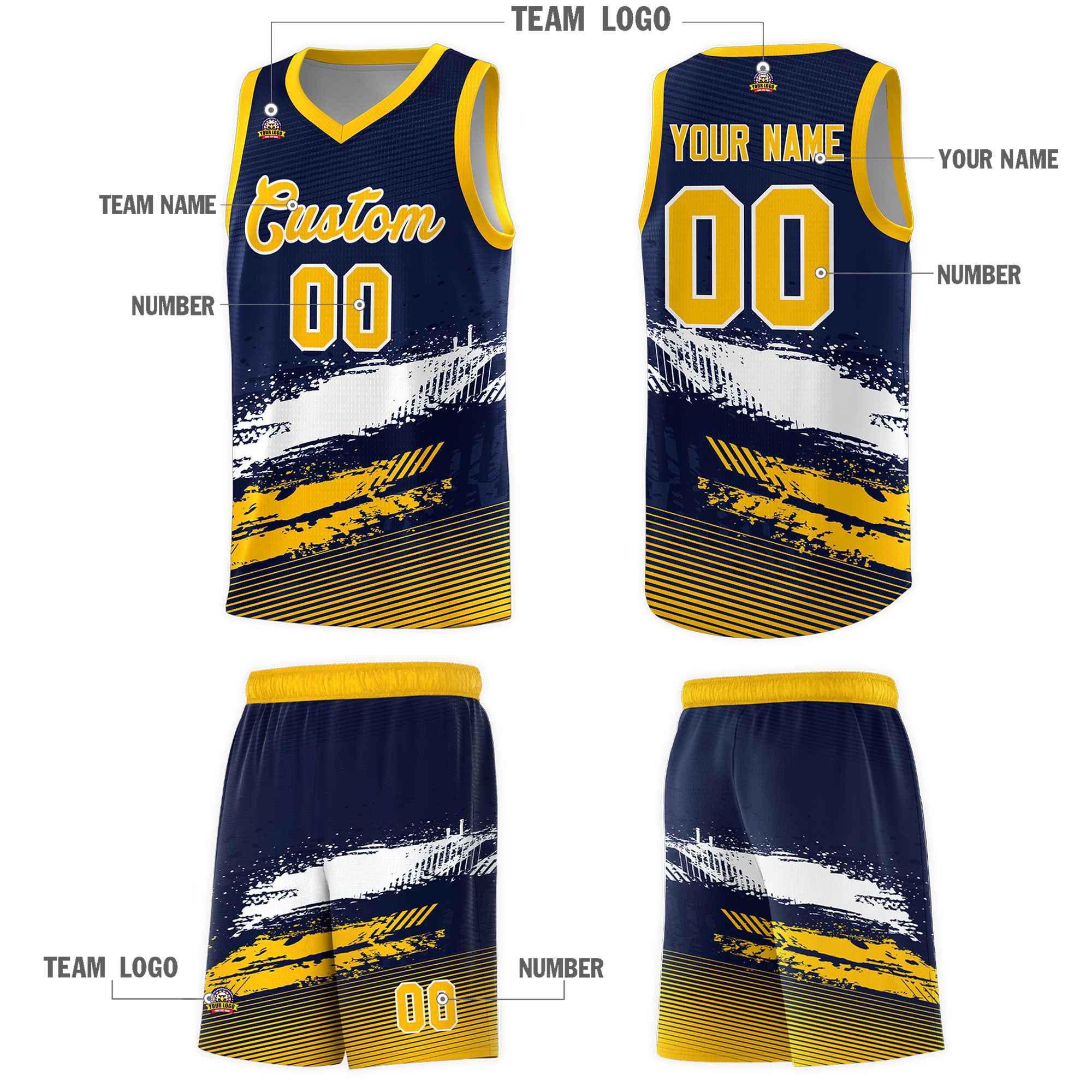 Custom Navy White and Yellow Graffiti Pattern Sports Uniform Basketball Jersey