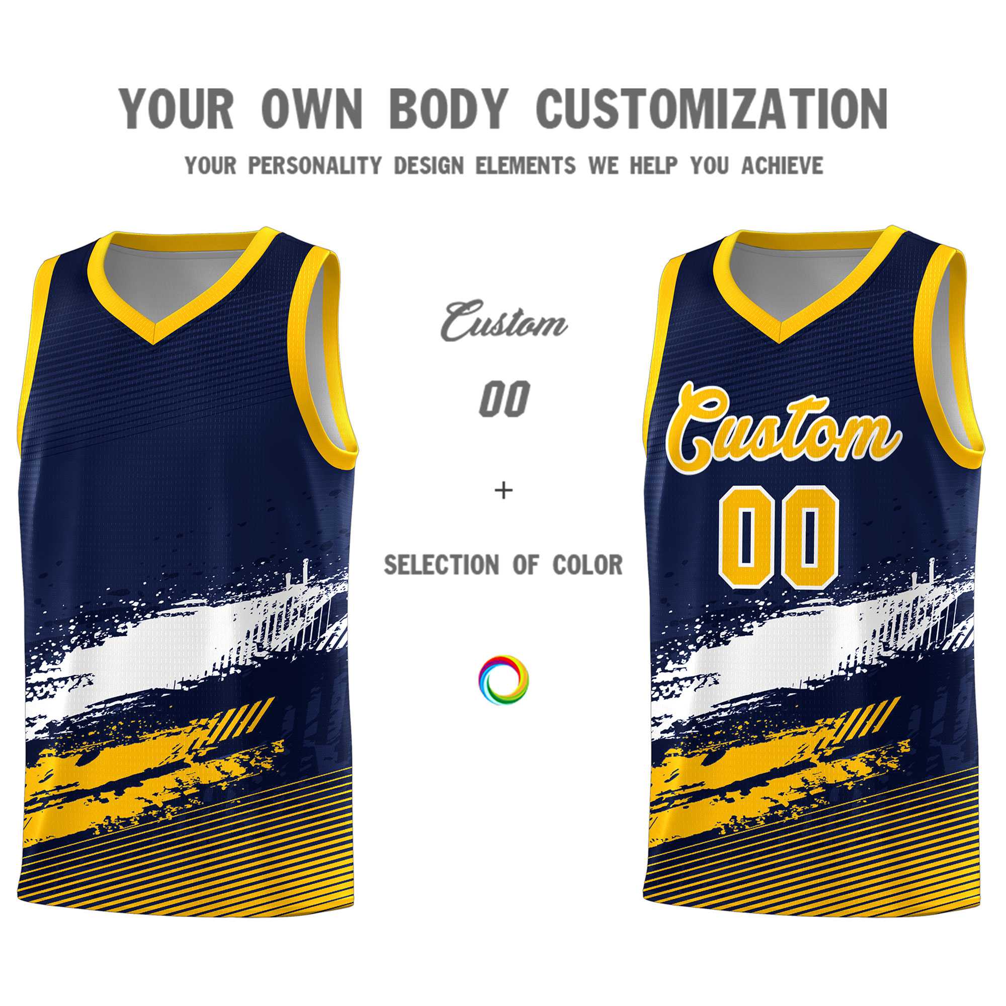 Custom Navy White and Yellow Graffiti Pattern Sports Uniform Basketball Jersey