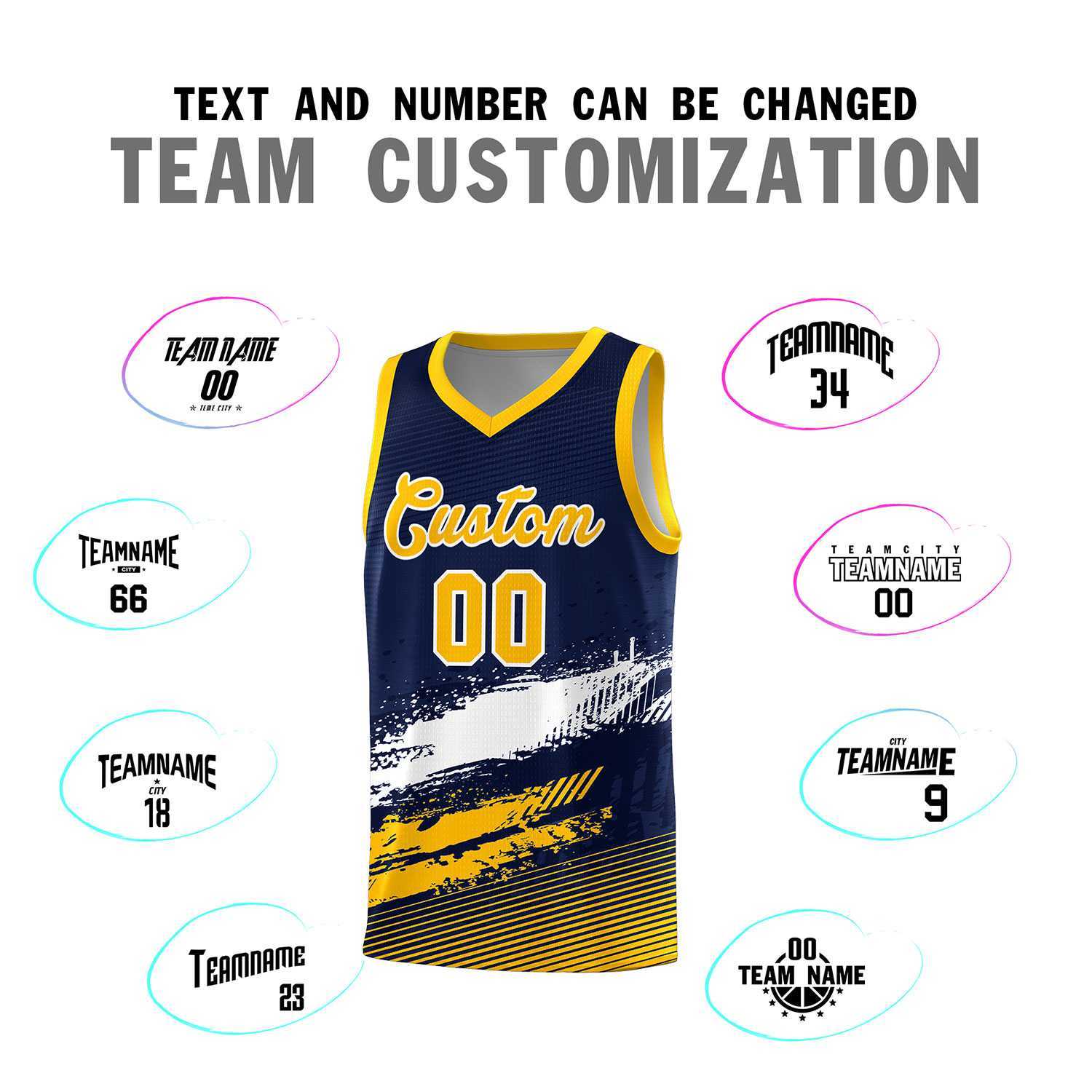 Custom Navy White and Yellow Graffiti Pattern Sports Uniform Basketball Jersey