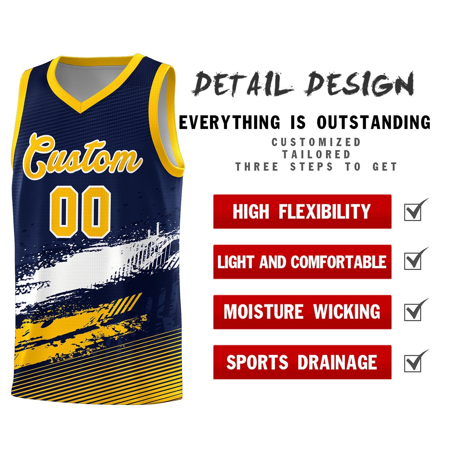 Custom Navy White and Yellow Graffiti Pattern Sports Uniform Basketball Jersey