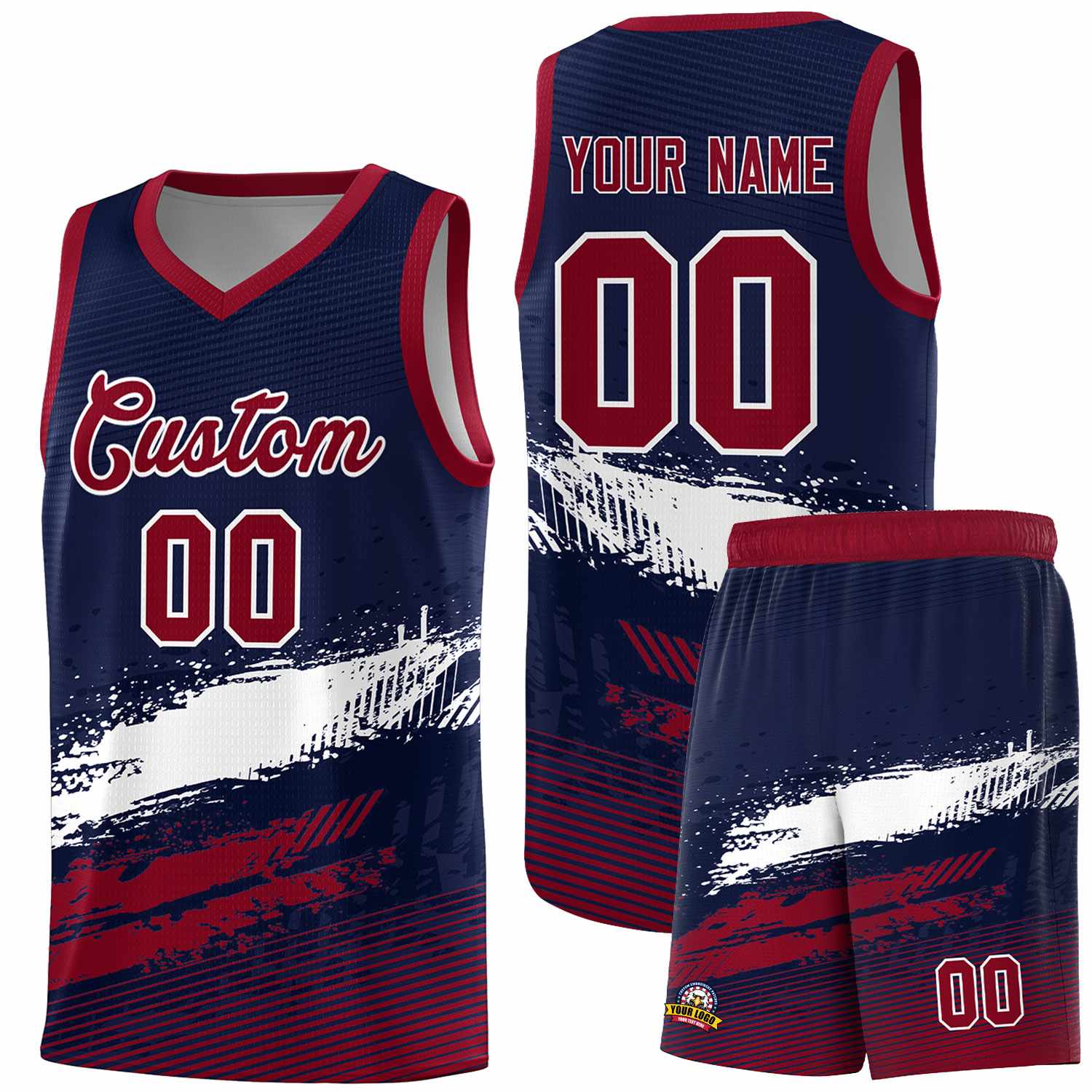 Custom Navy White and Crimson Graffiti Pattern Sports Uniform Basketball Jersey