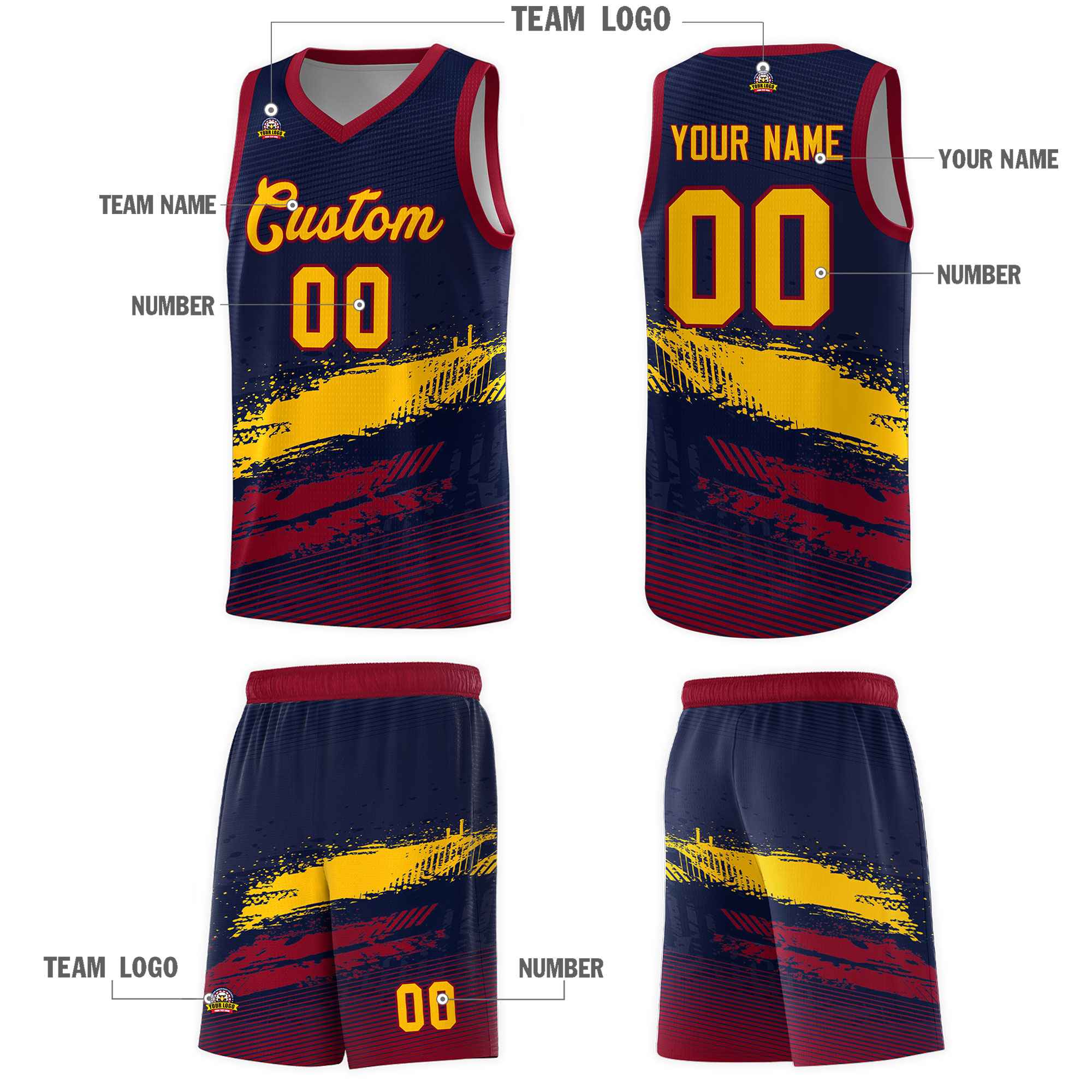 Custom Navy Yellow and Crimson Graffiti Pattern Sports Uniform Basketball Jersey