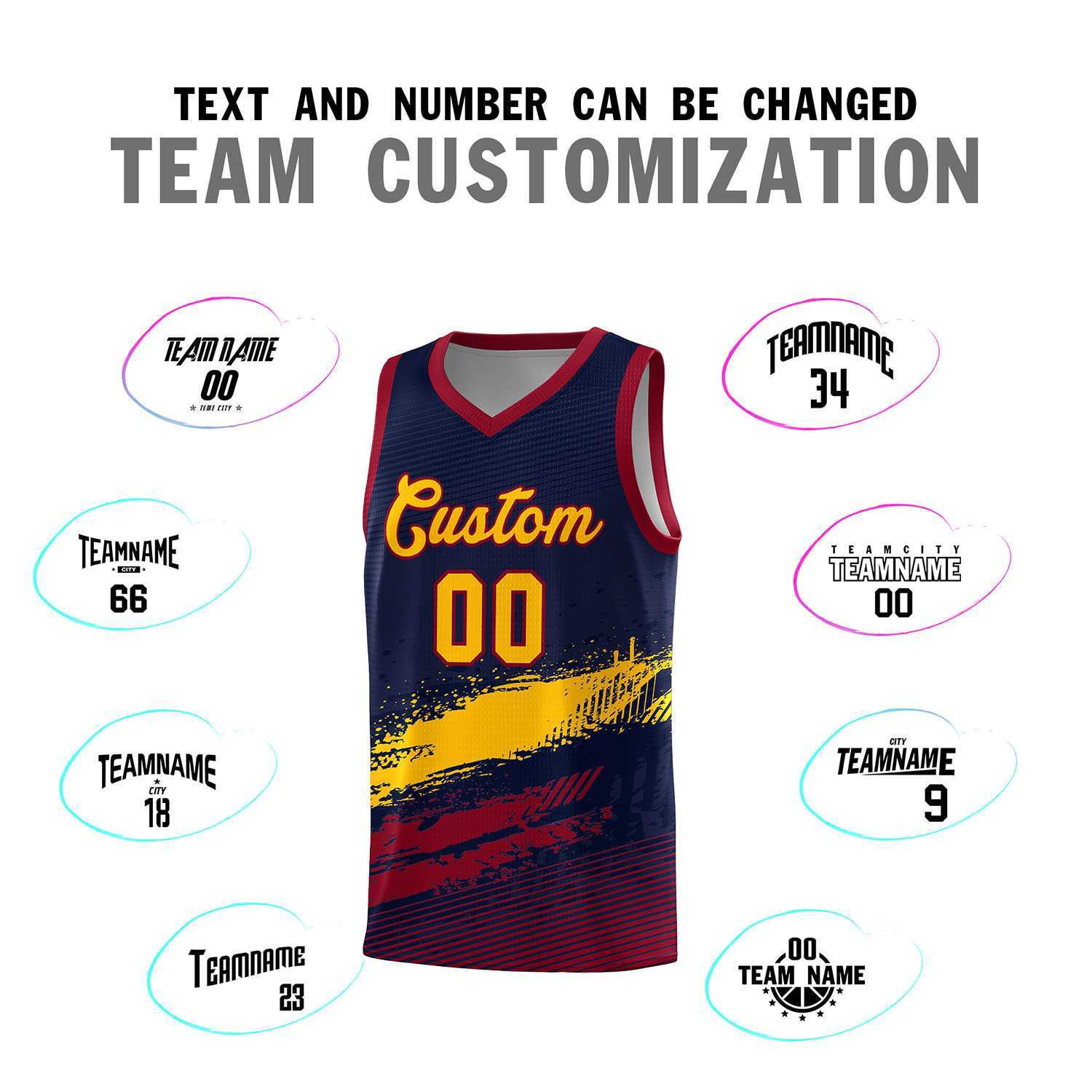 Custom Navy Yellow and Crimson Graffiti Pattern Sports Uniform Basketball Jersey