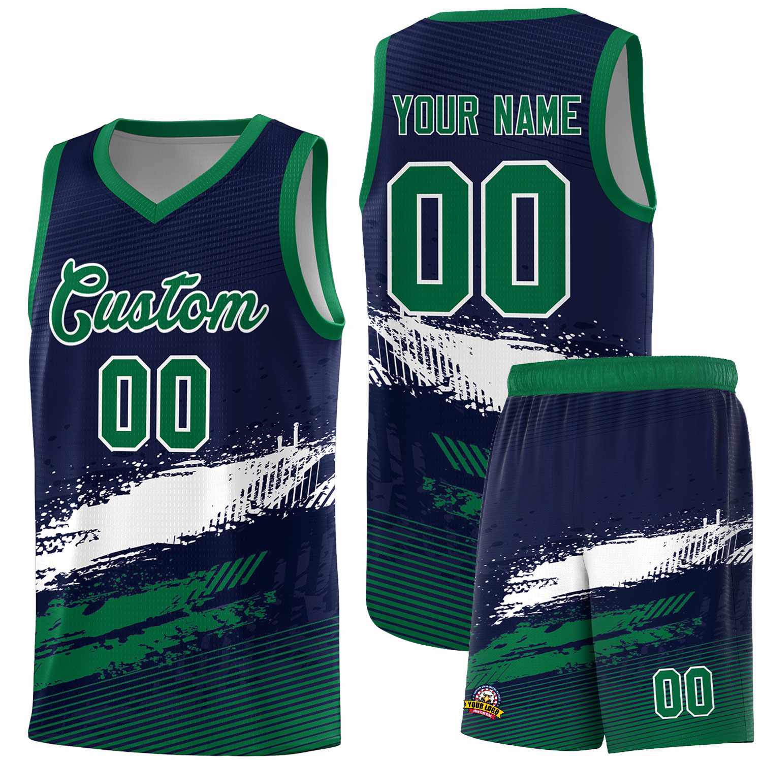 Custom Navy White and Kelly Green Graffiti Pattern Sports Uniform Basketball Jersey