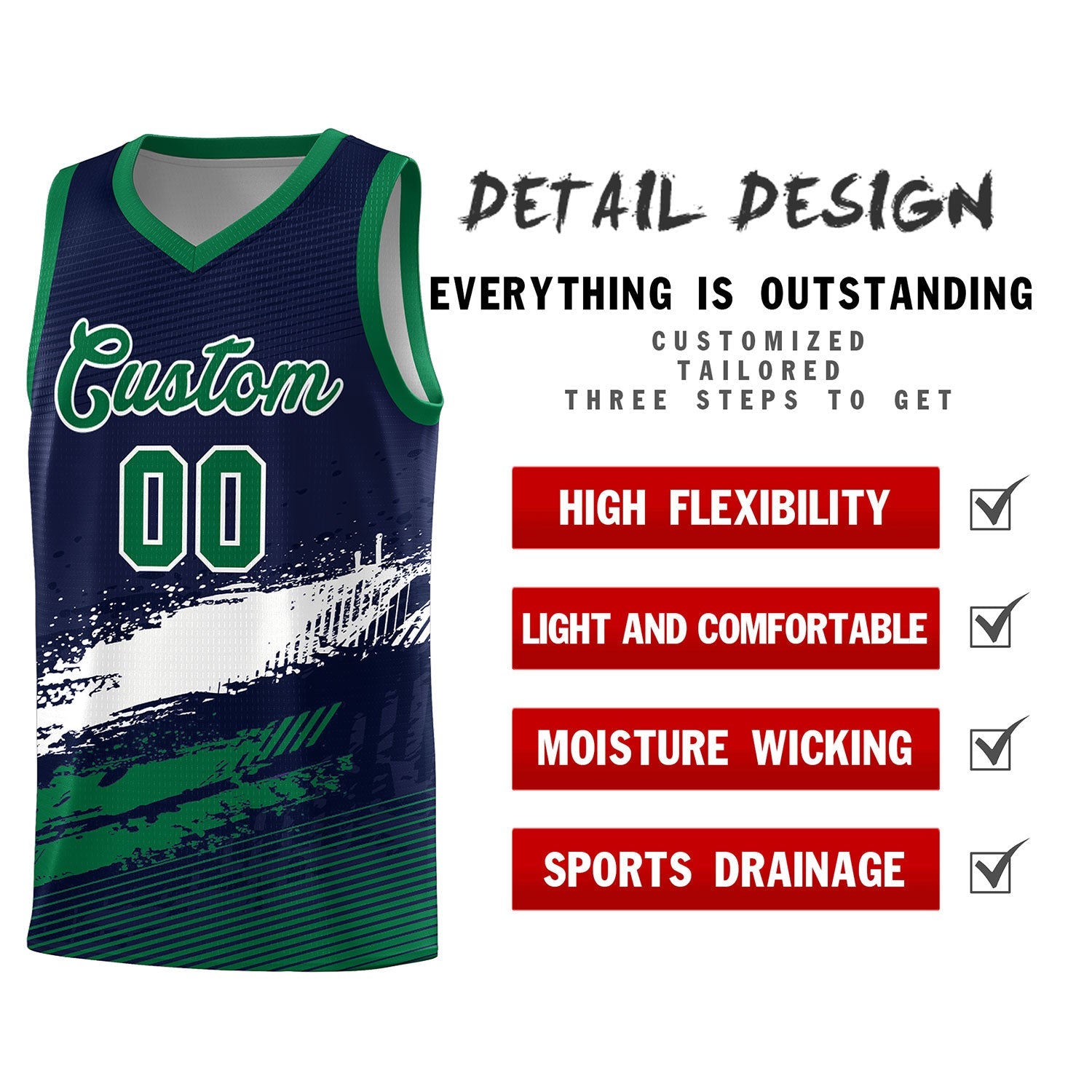 Custom Navy White and Kelly Green Graffiti Pattern Sports Uniform Basketball Jersey