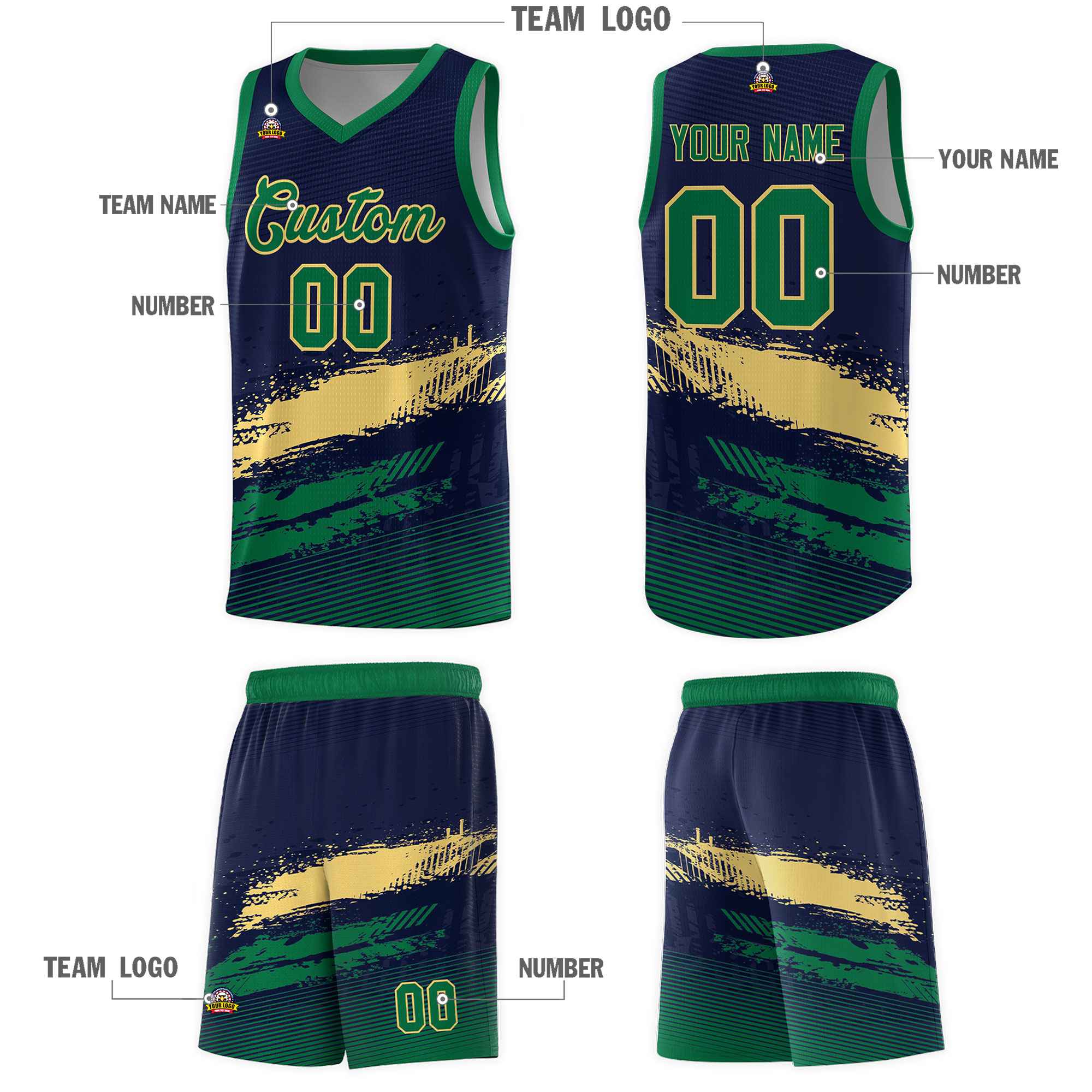 Custom Navy Khaki and Kelly Green Graffiti Pattern Sports Uniform Basketball Jersey