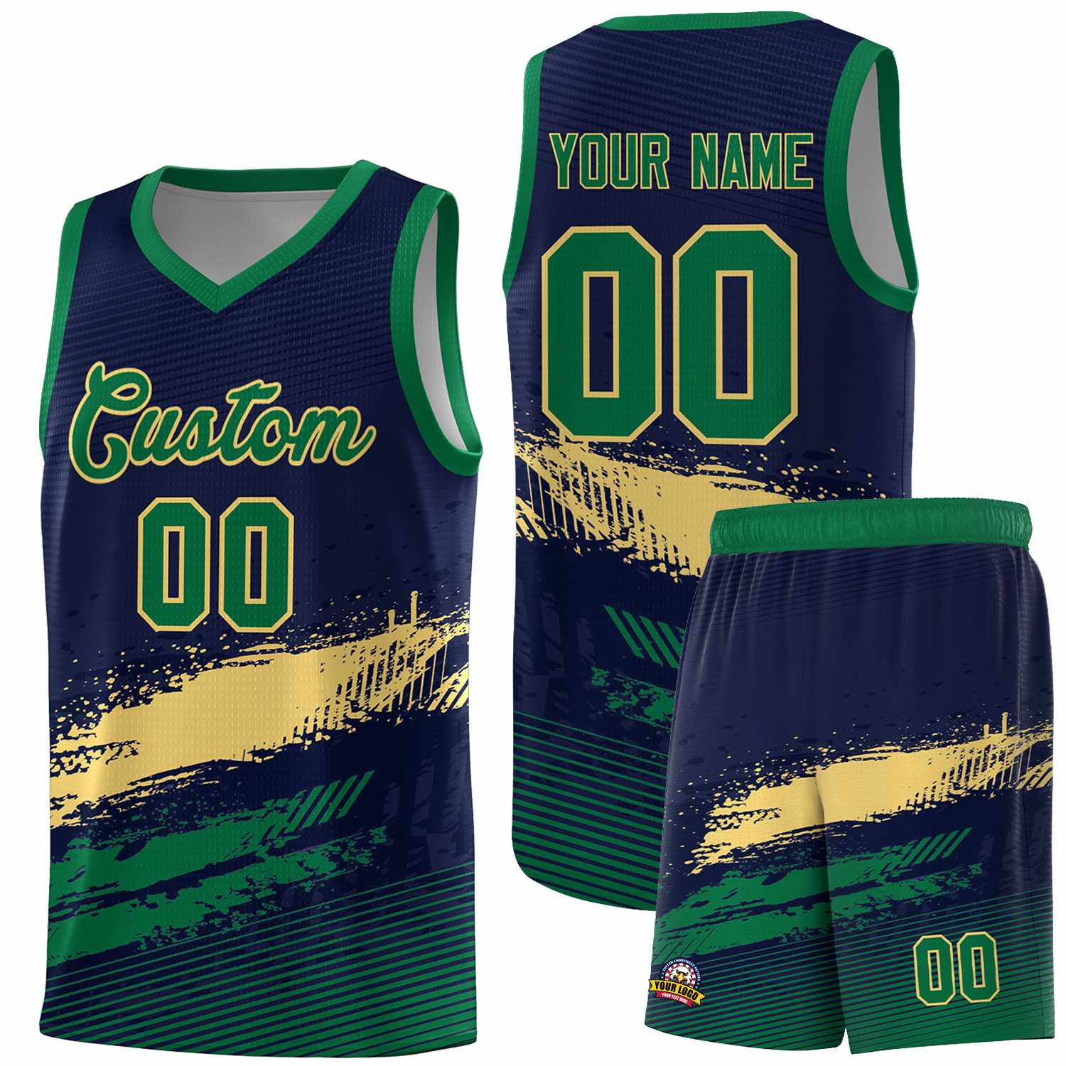 Custom Navy Khaki and Kelly Green Graffiti Pattern Sports Uniform Basketball Jersey