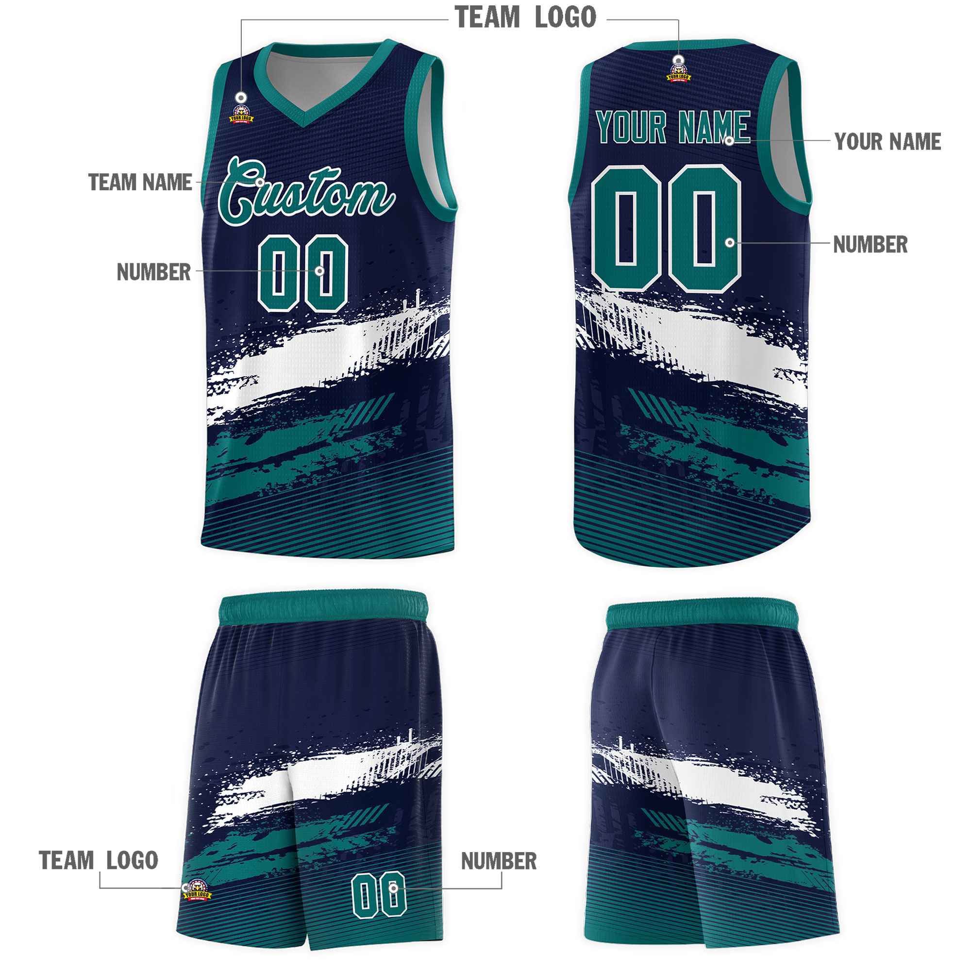 Custom Navy White and Aqua Graffiti Pattern Sports Uniform Basketball Jersey