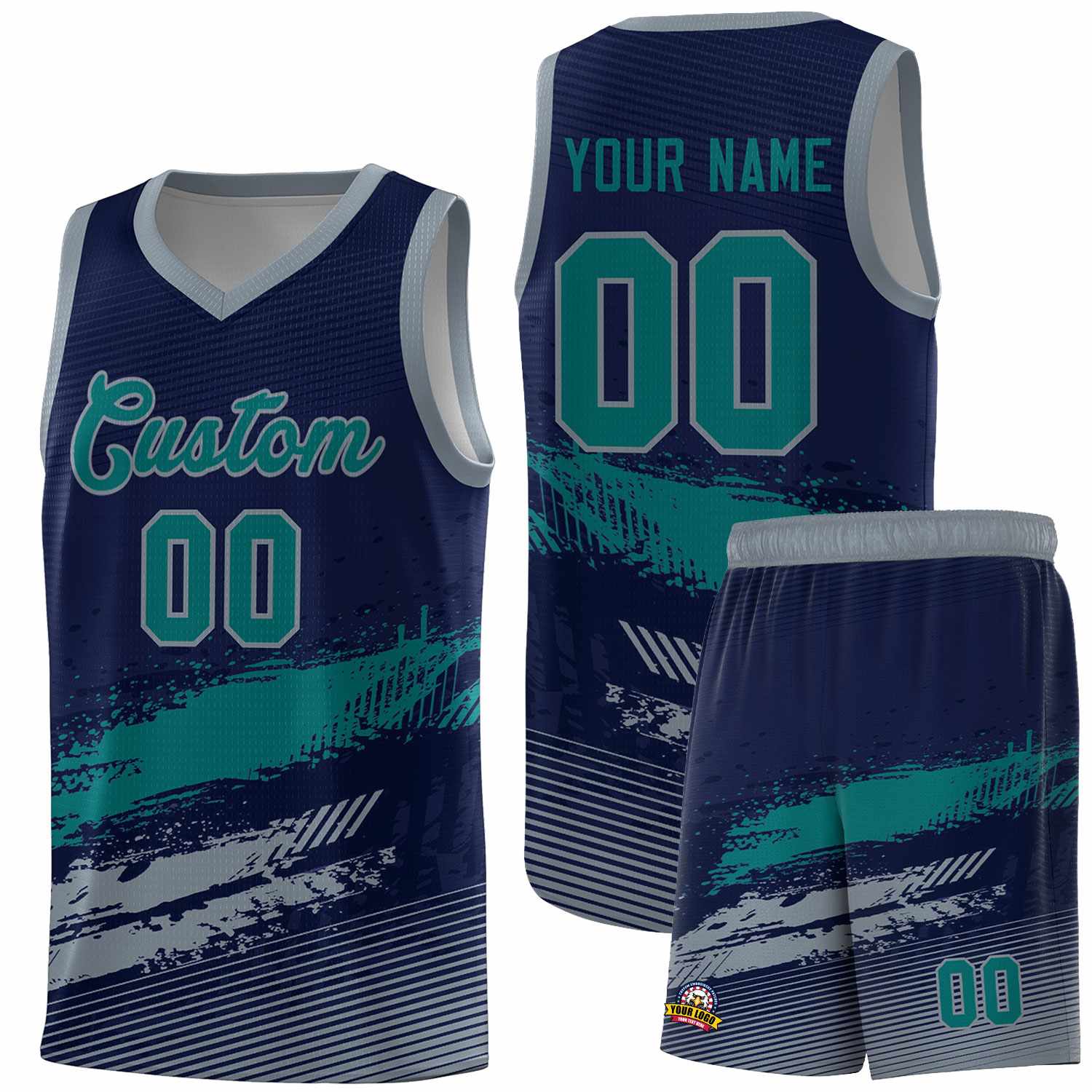 Custom Navy Aqua and Gray Graffiti Pattern Sports Uniform Basketball Jersey